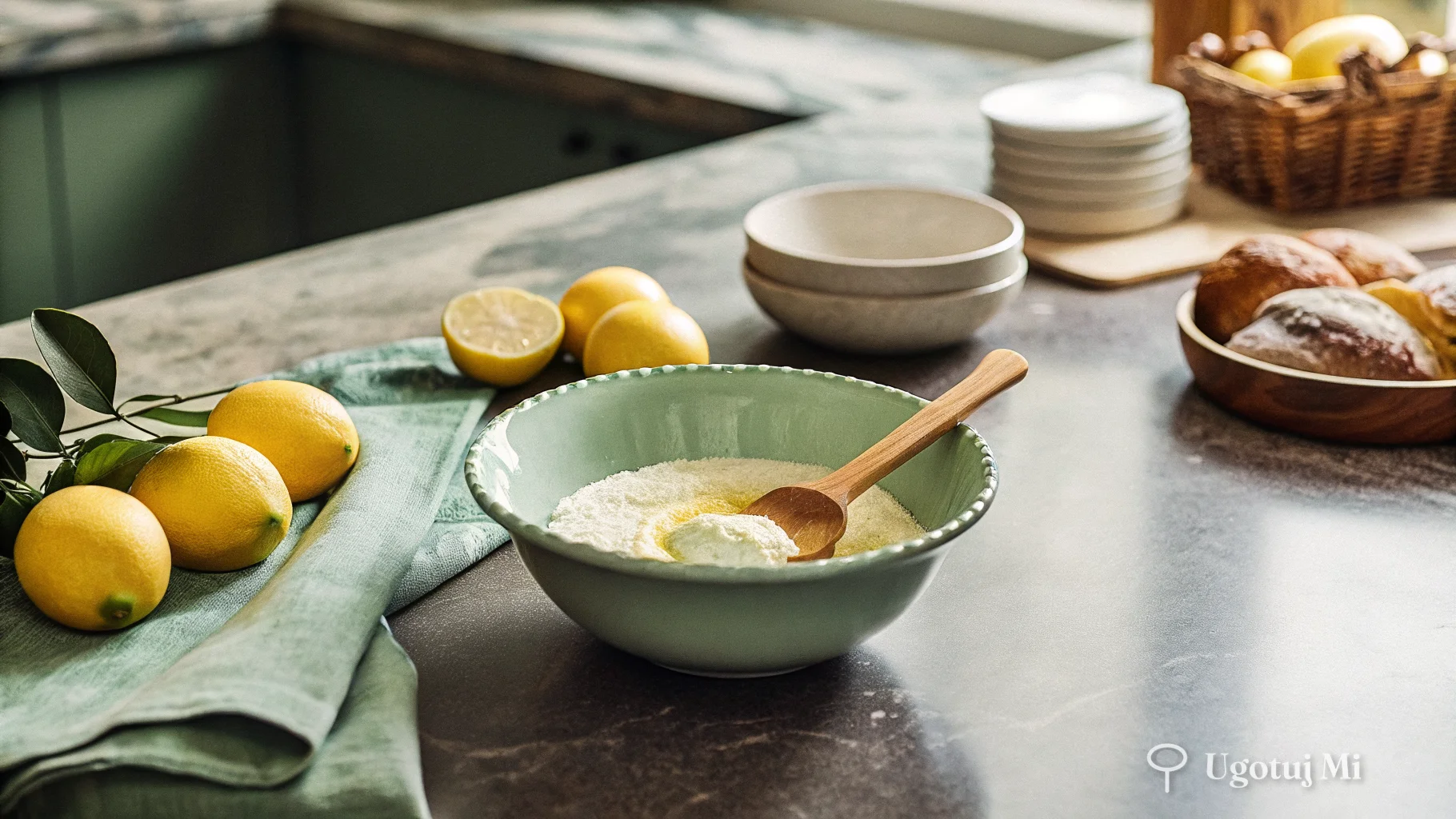 Mieszanie ciasta na babeczki z widocznymi składnikami i świeżymi cytrynami | ugotujmi.pl