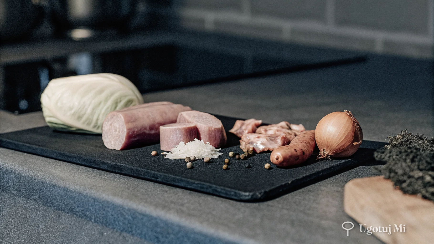 Składniki do bigosu myśliwskiego na desce do krojenia | ugotujmi.pl