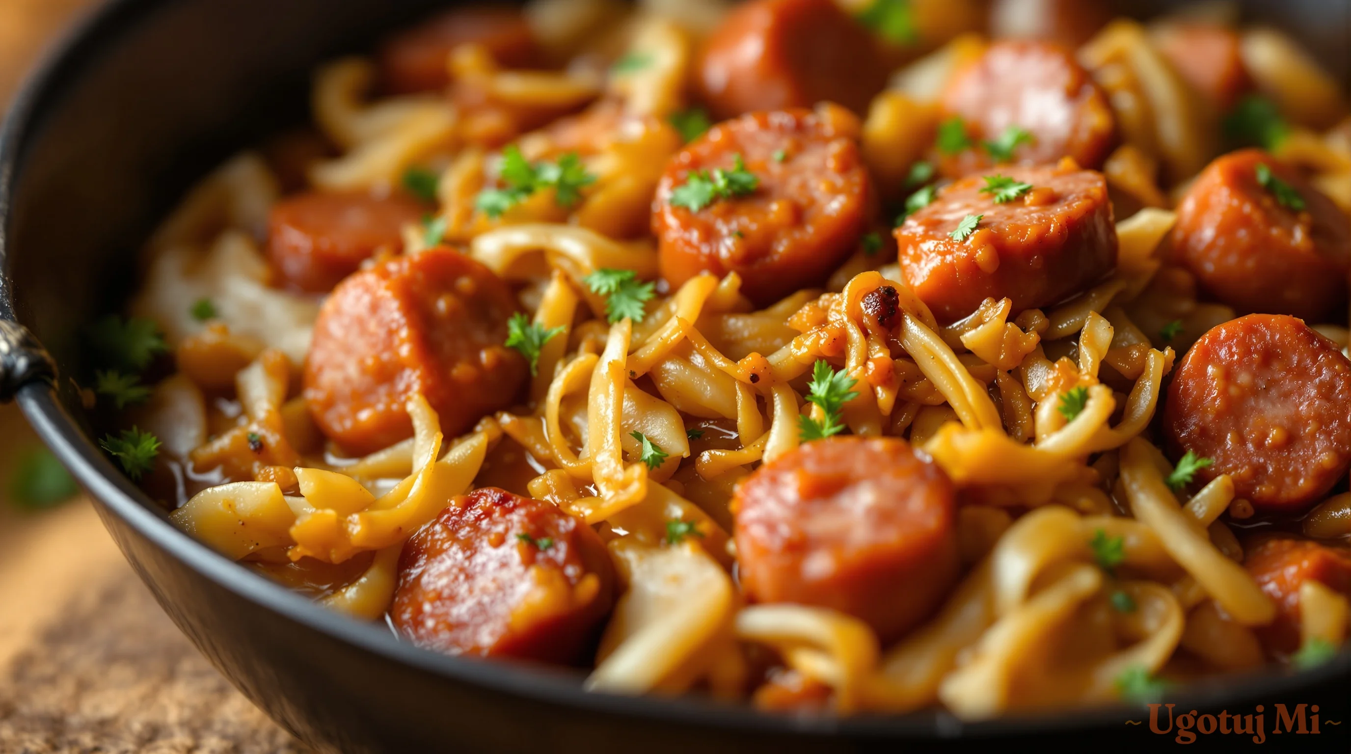 Zbliżenie na gotowy bigos z widocznymi kawałkami kiełbasy i kapusty | ugotujmi.pl