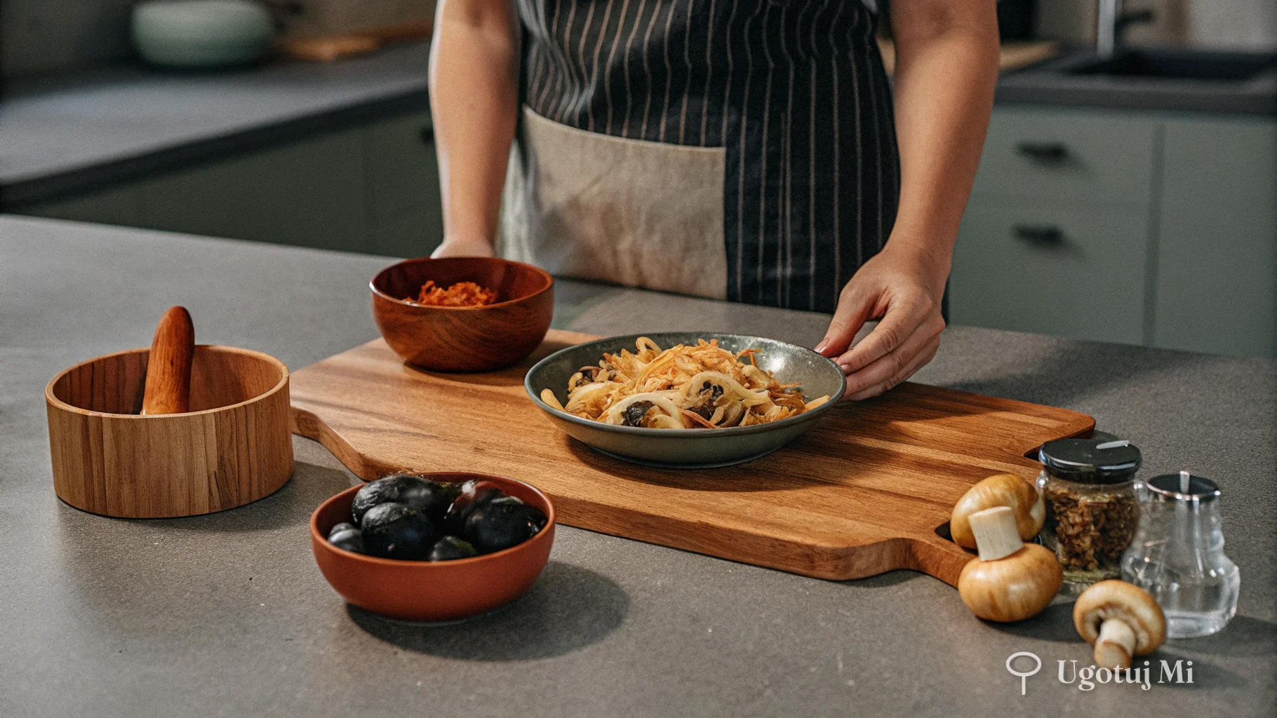 Składniki do bigosu wegetariańskiego ułożone na desce do krojenia | ugotujmi.pl