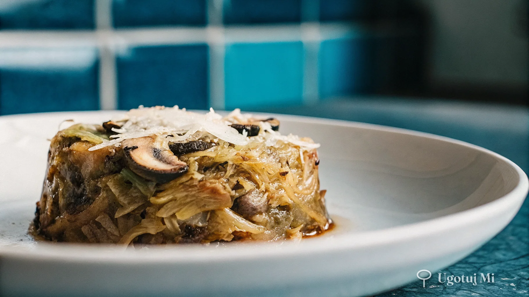 Zbliżenie na teksturę bigosu wegetariańskiego z widocznymi grzybami | ugotujmi.pl