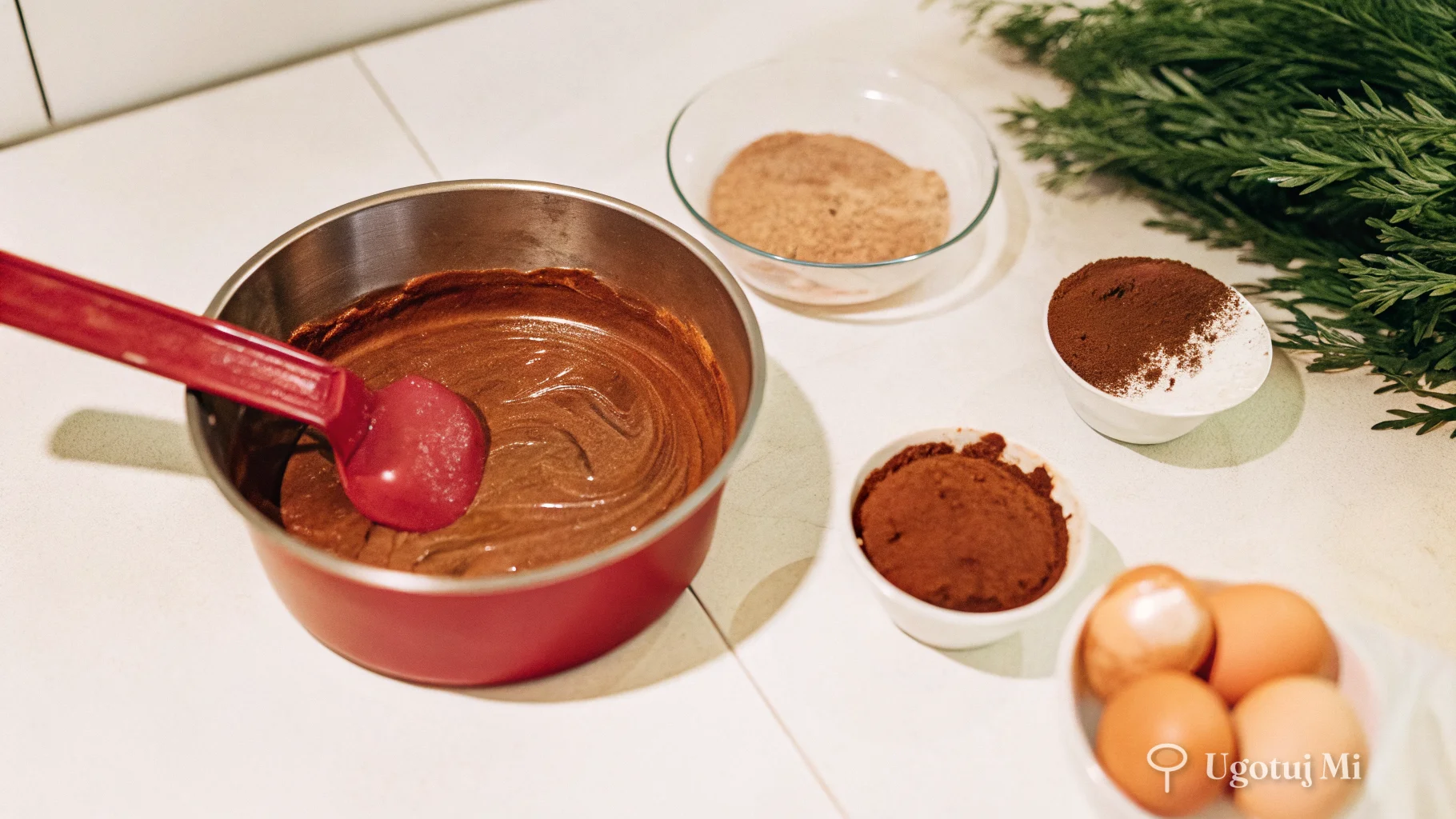 Składniki do brownie rozłożone na blacie kuchennym – czekolada, masło, jajka, kakao | ugotujmi.pl