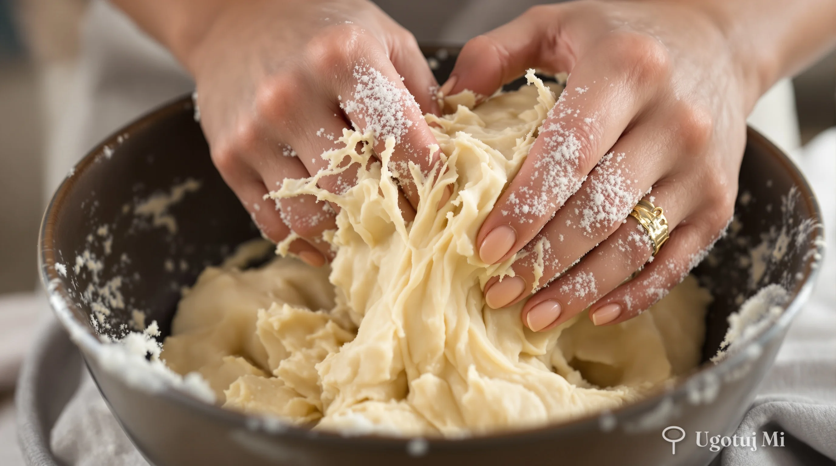Wyrabianie lepkiego ciasta na chleb żytni w misce | ugotujmi.pl