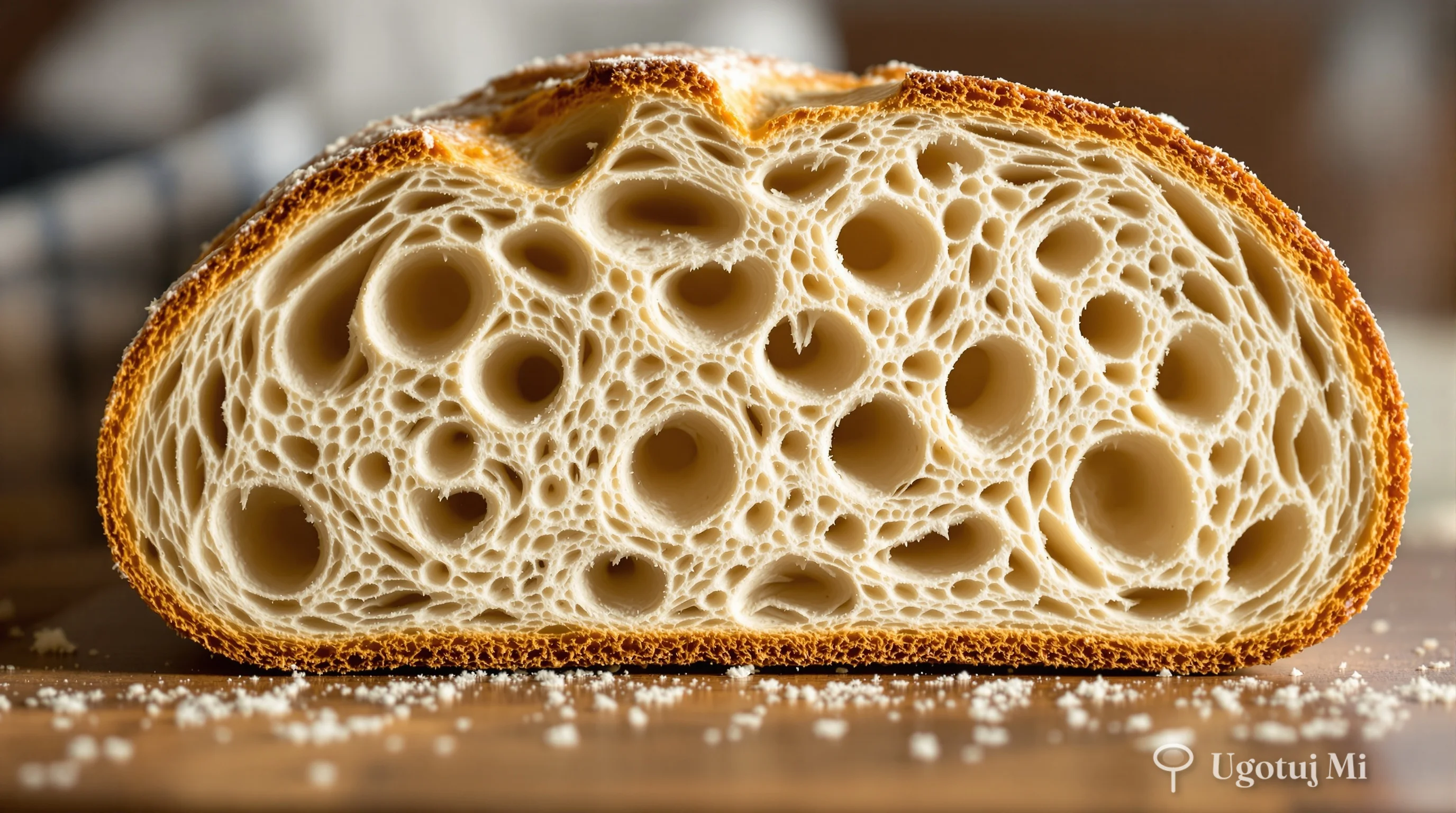 Przekrój chleba na zakwasie pokazujący dziurawą strukturę miąższu | ugotujmi.pl