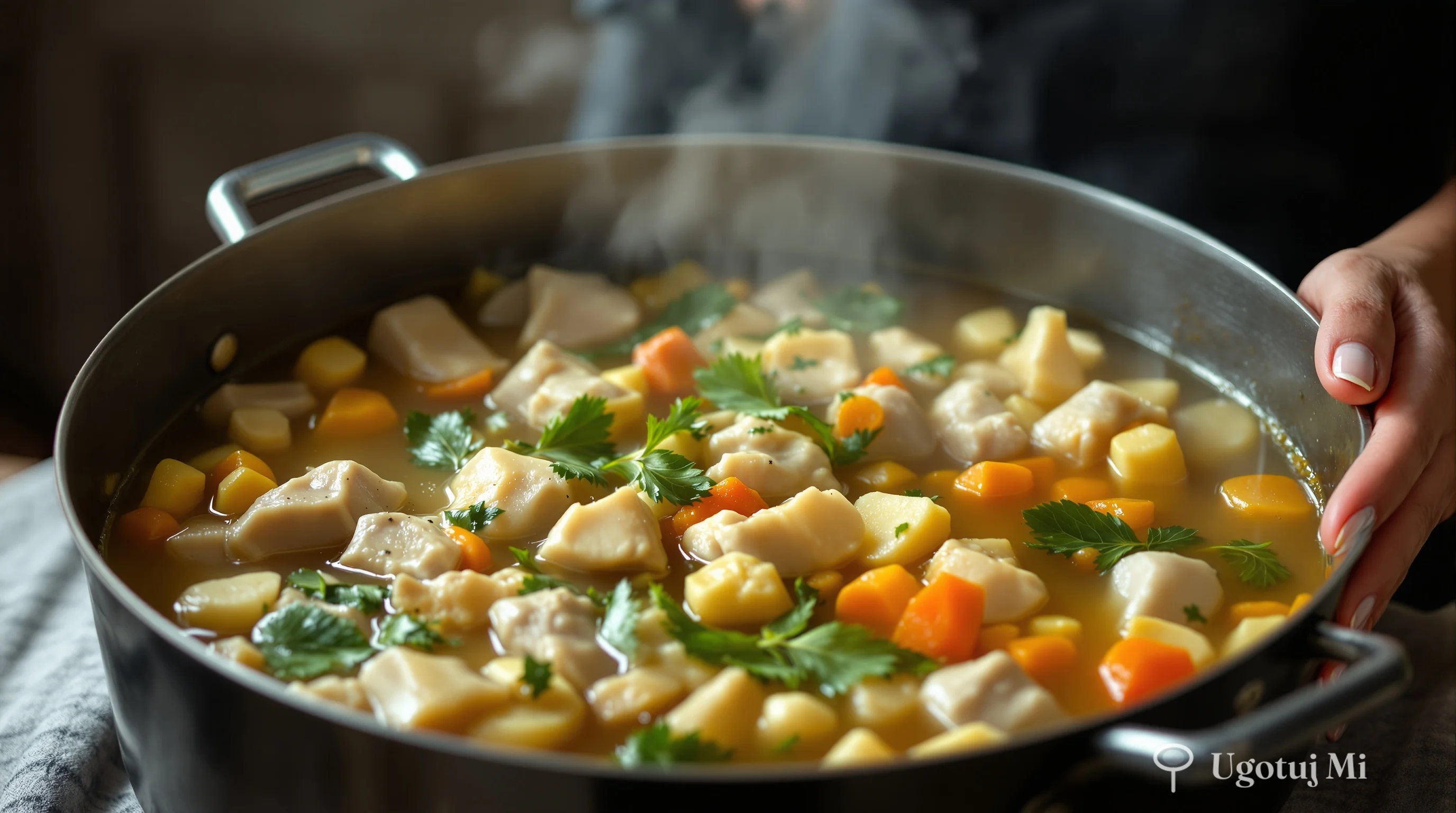 Duży garnek z gotującymi się flakami i warzywami w aromatycznym rosole | ugotujmi.pl