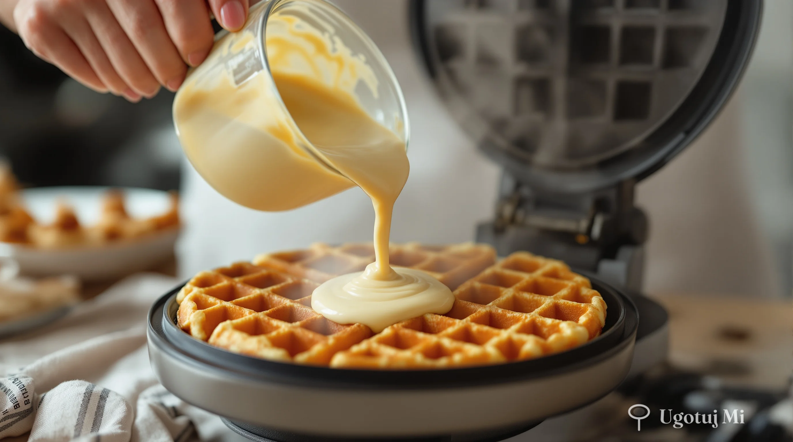 Nalewanie ciasta na gofry do gofrownicy podczas przygotowania | ugotujmi.pl