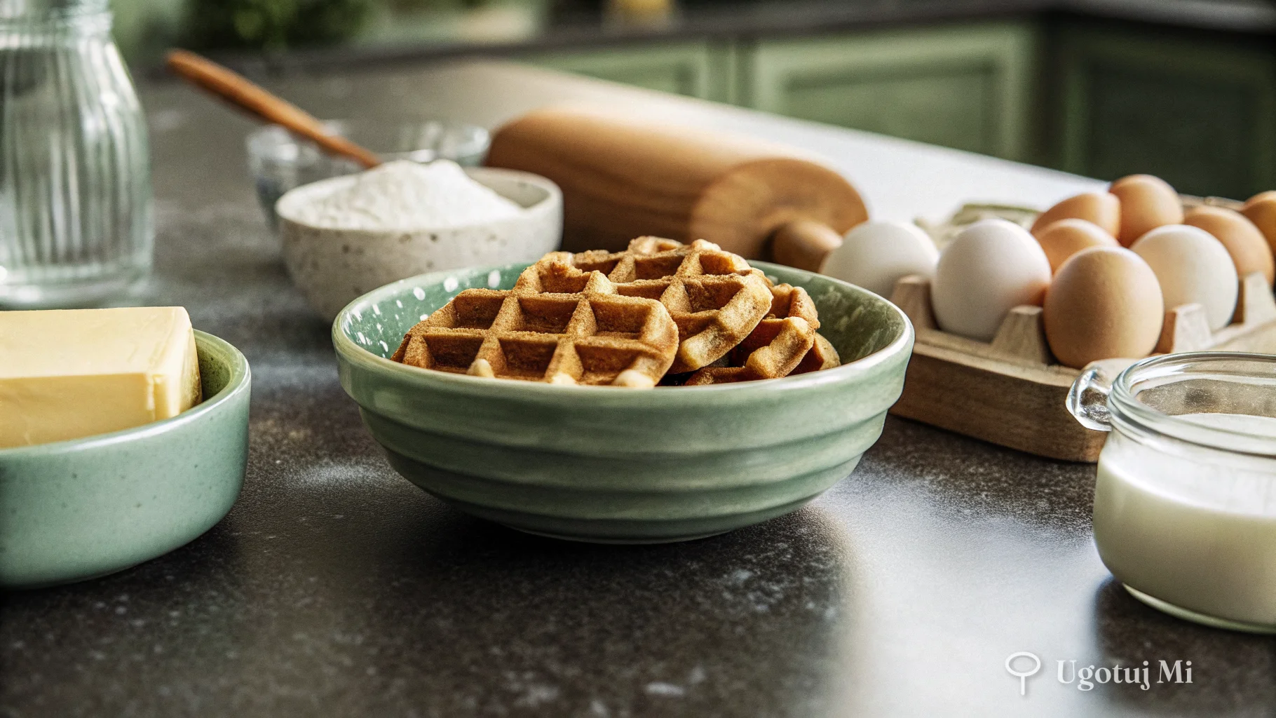 Składniki do gofrów liege z miską cukru perłowego na blacie kuchennym | ugotujmi.pl