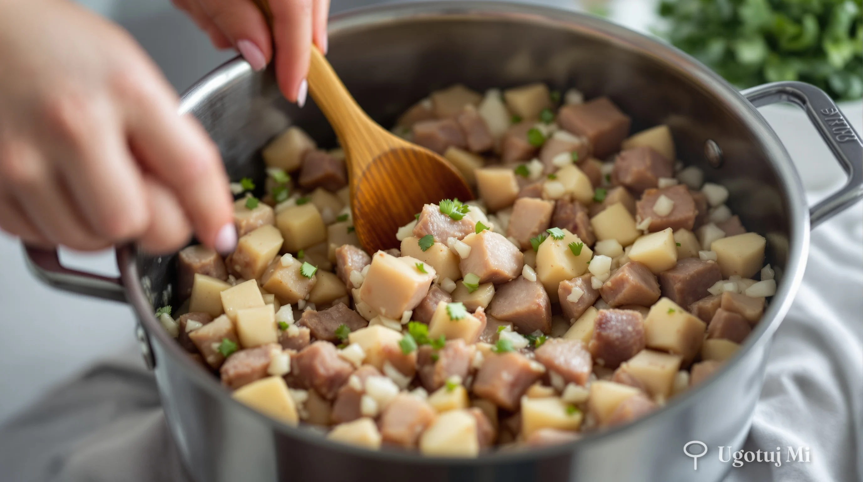 Podsmażanie kostek wieprzowiny z cebulą w garnku | ugotujmi.pl