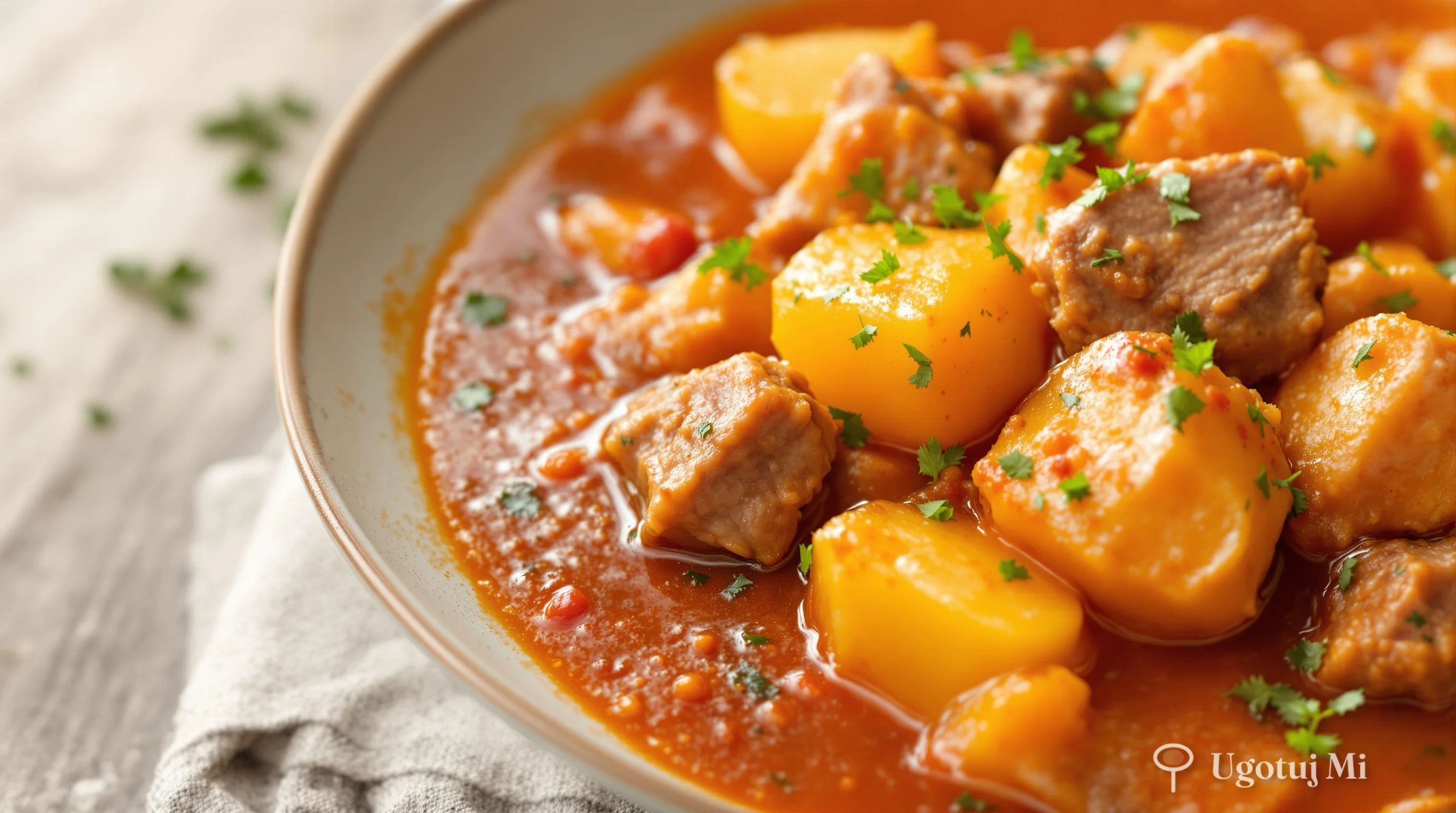 Zbliżenie na miękkie mięso i ziemniaki w gęstym sosie papryowym | ugotujmi.pl