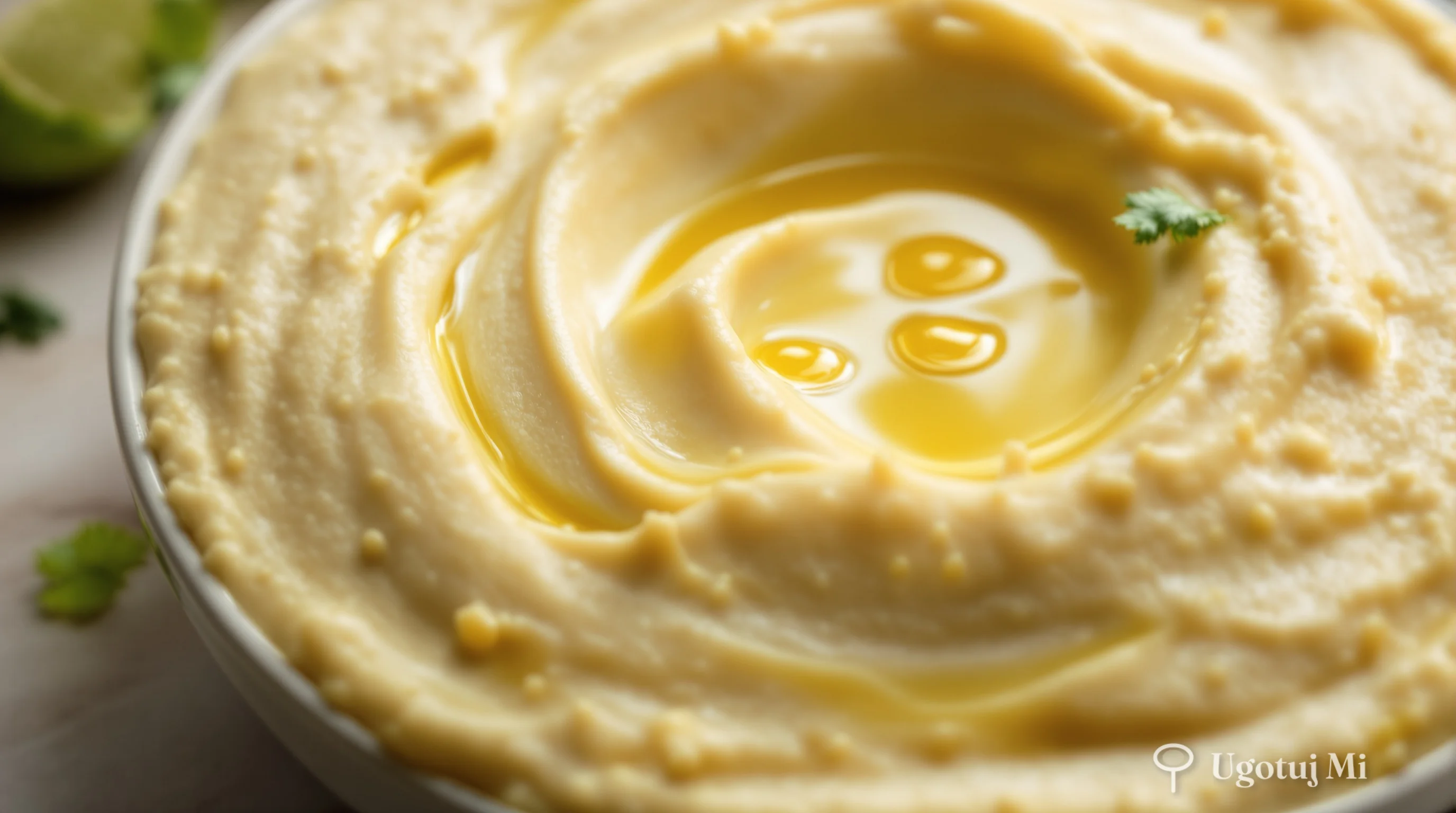 Zbliżenie na gładką konsystencję gotowego hummusa | ugotujmi.pl