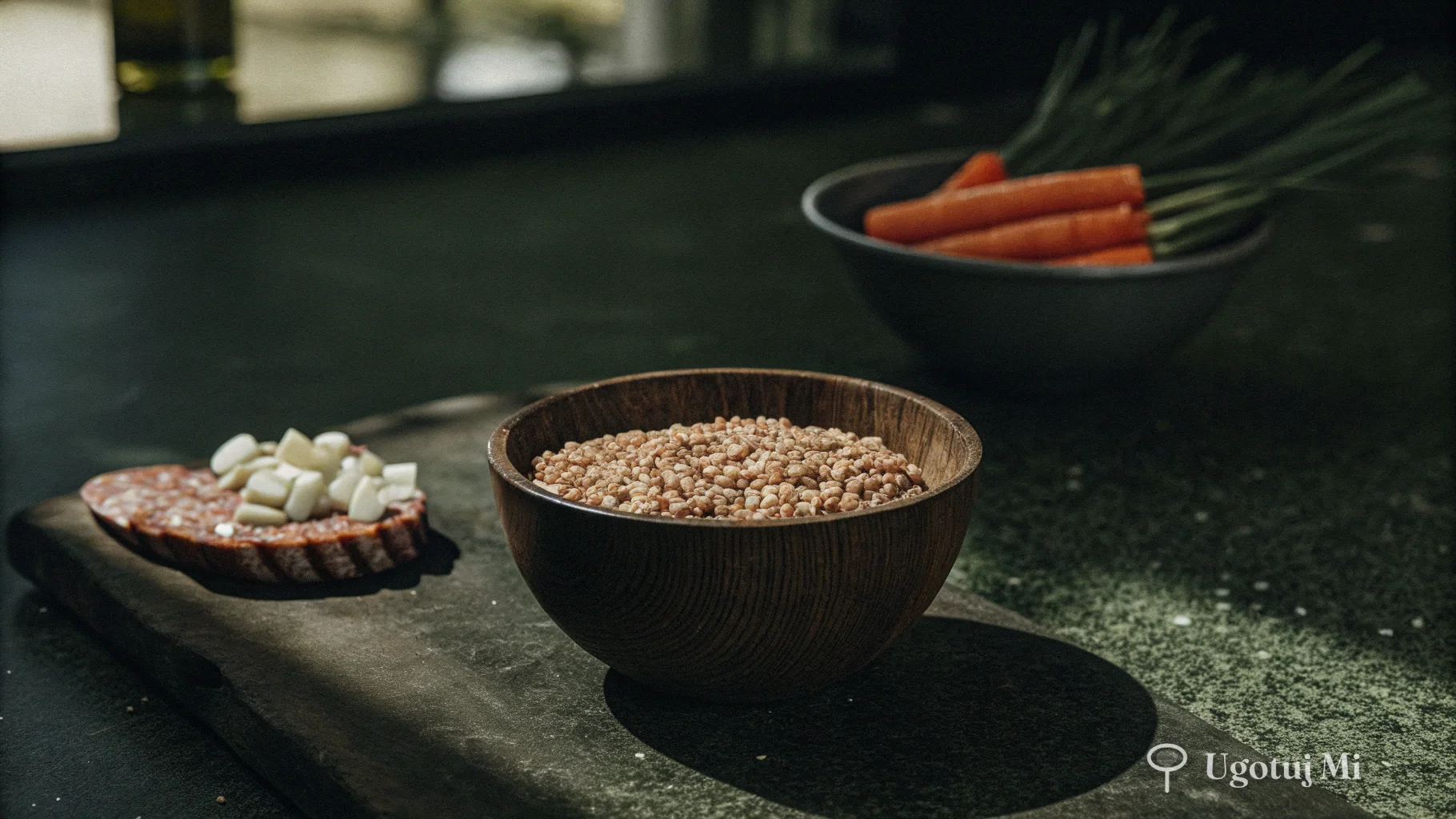 Składniki do kaszy gryczanej ułożone na desce | ugotujmi.pl