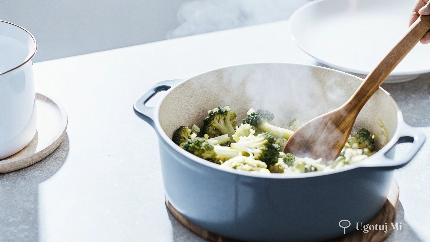 Smażenie brokułów z cebulą w garnku podczas przygotowania zupy | ugotujmi.pl