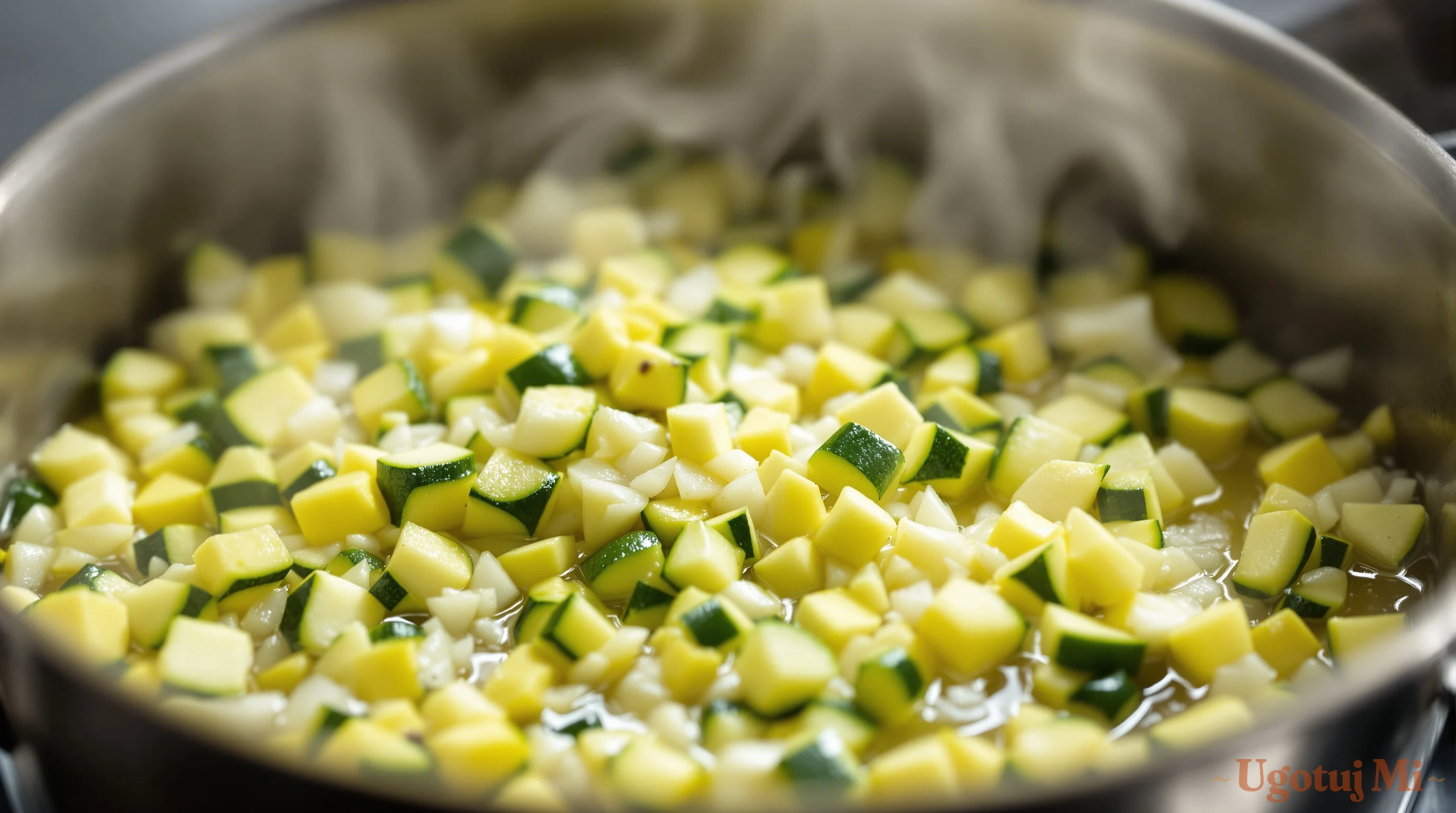 Podsmażanie pokrojonej cukinii z cebulą w garnku | ugotujmi.pl