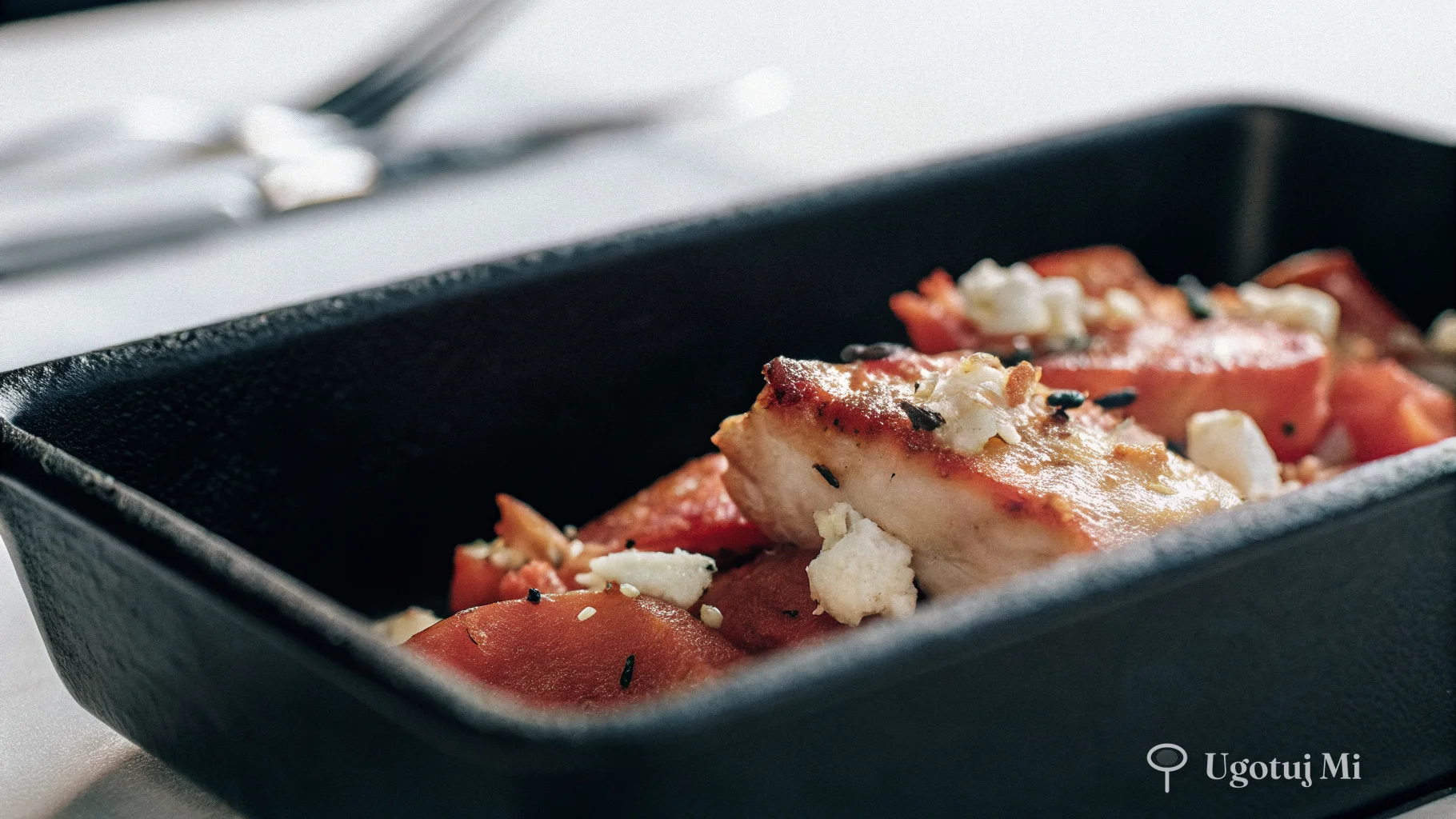 Zbliżenie na chrupiącą skórkę kurczaka z stopioną fetą i pieczonymi warzywami | ugotujmi.pl