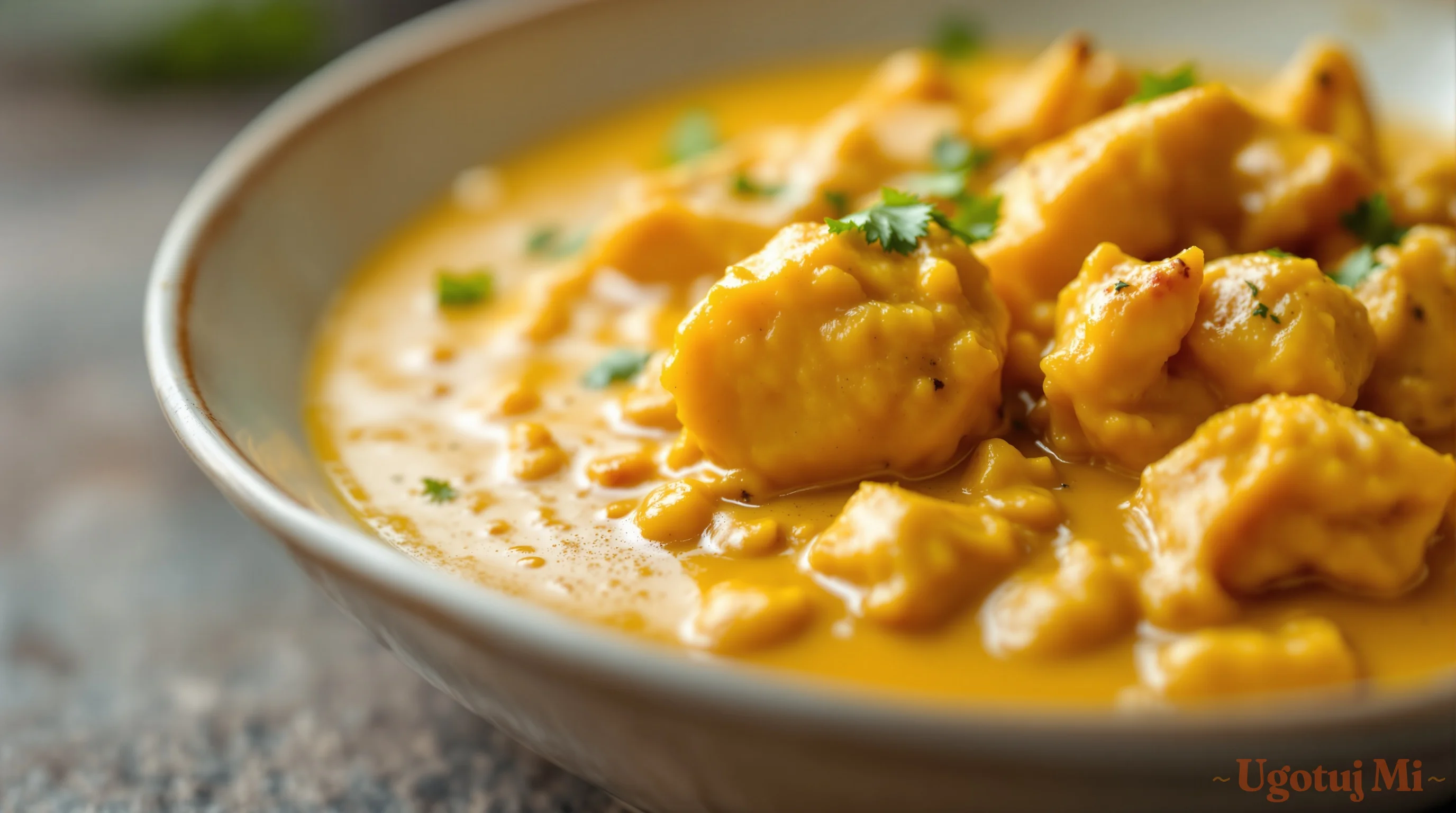 Kremowy sos curry z kawałkami kurczaka z bliska | ugotujmi.pl