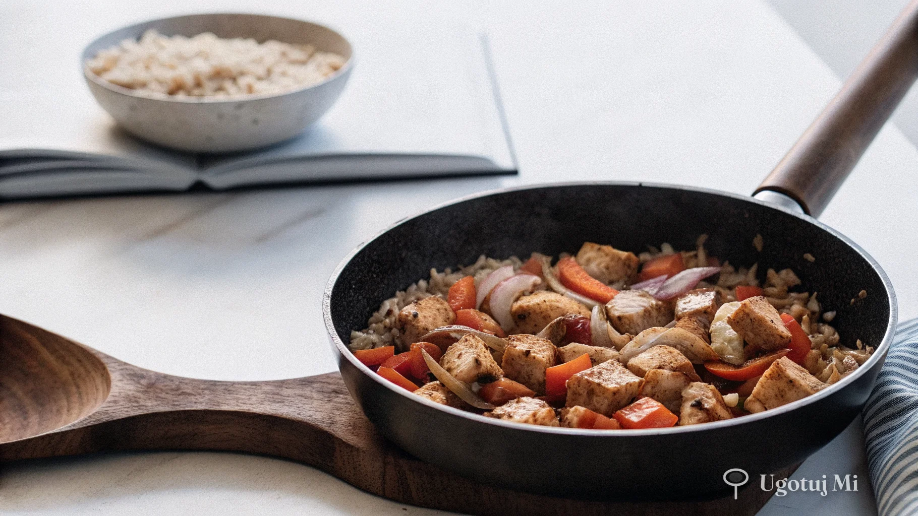 Proces gotowania kurczaka z warzywami i ryżem w patelni | ugotujmi.pl