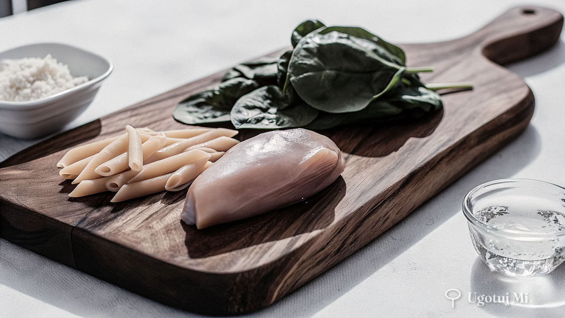 Składniki do makaronu z kurczakiem ułożone na desce do krojenia | ugotujmi.pl