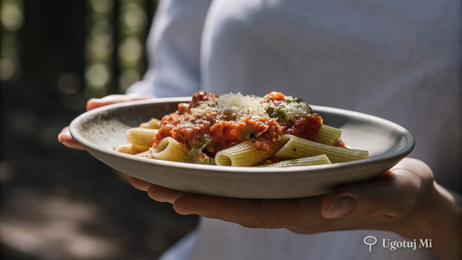 Zbliżenie na makaron penne w sosie pomidorowym z bazylią | ugotujmi.pl