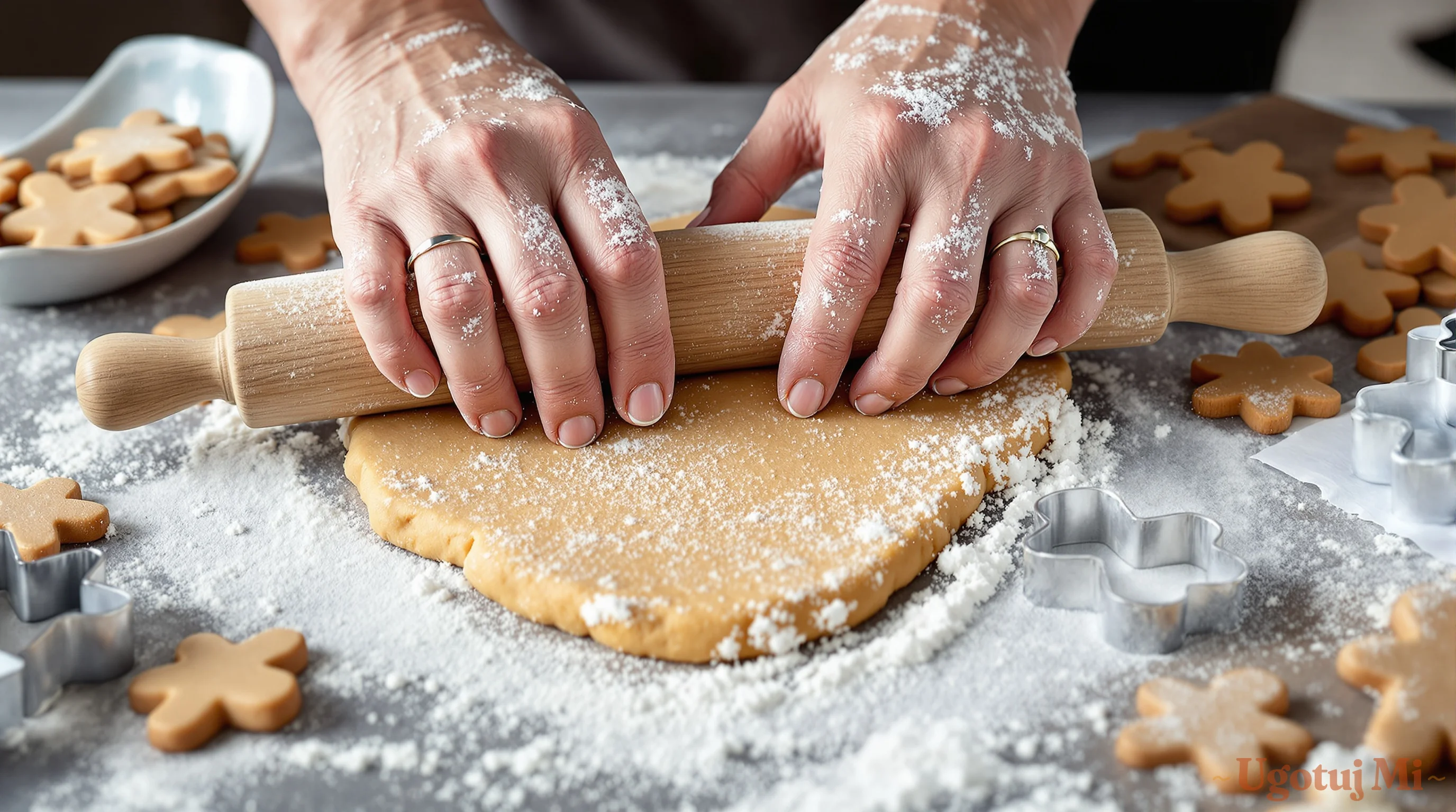Wałkowanie ciasta na pierniki z foremkami do wykrawania | ugotujmi.pl
