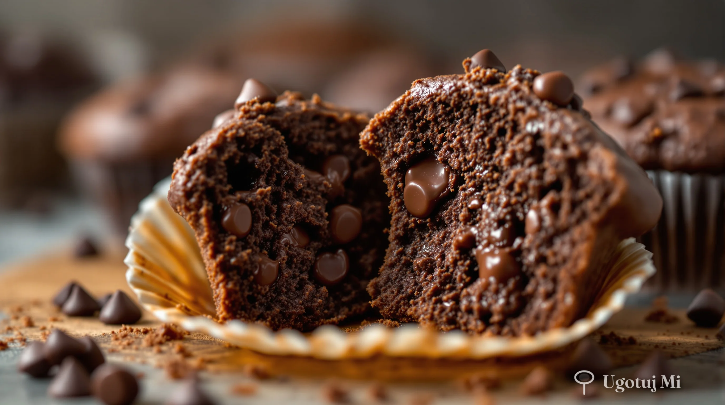 Muffinka czekoladowa przekrojona na pół pokazująca wilgotne wnętrze | ugotujmi.pl