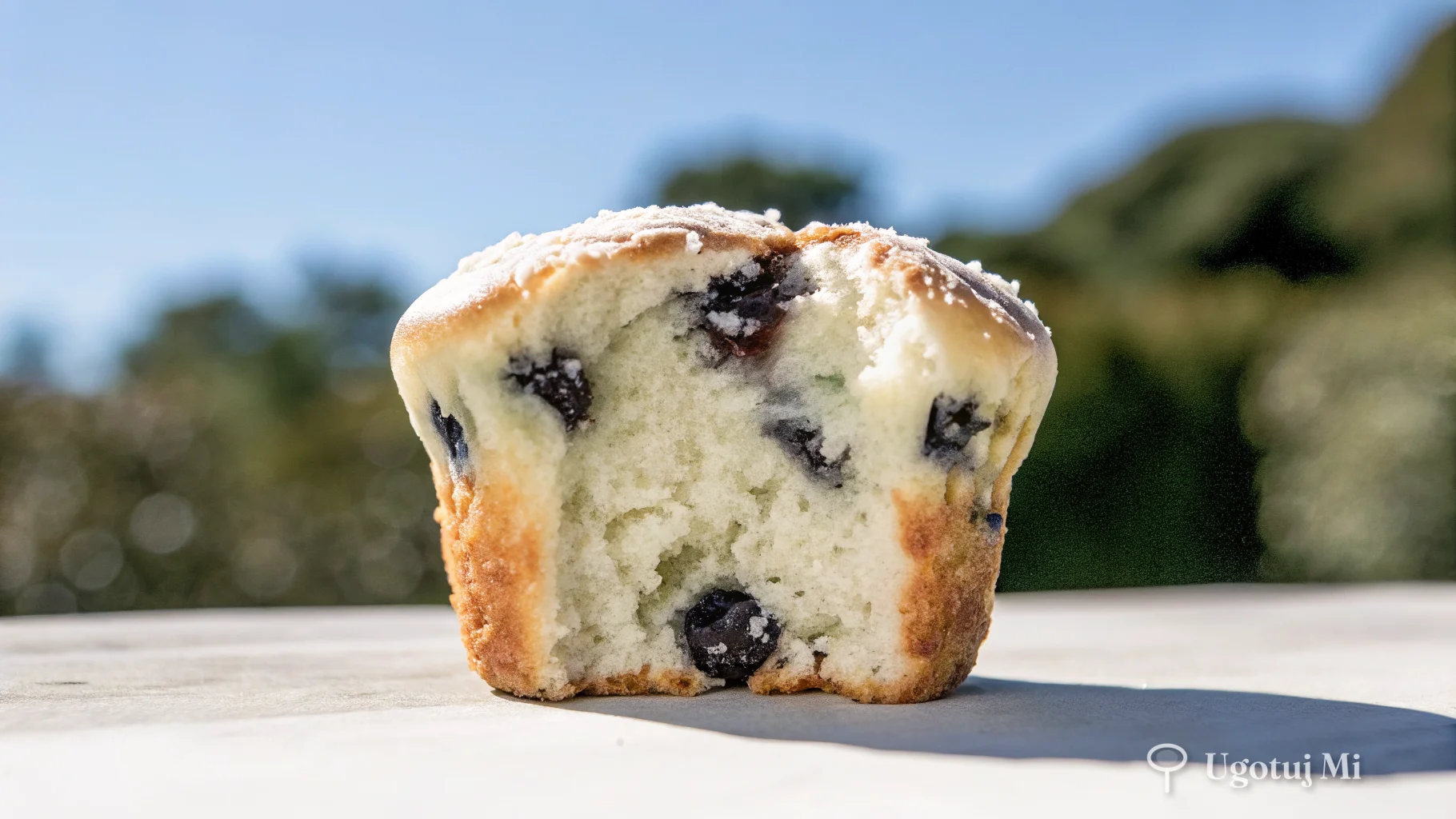 Przekrojona muffina jagodowa z bliska – puszyste wnętrze z jagodami i złocista posypka z cukru trzcinowego | ugotujmi.pl