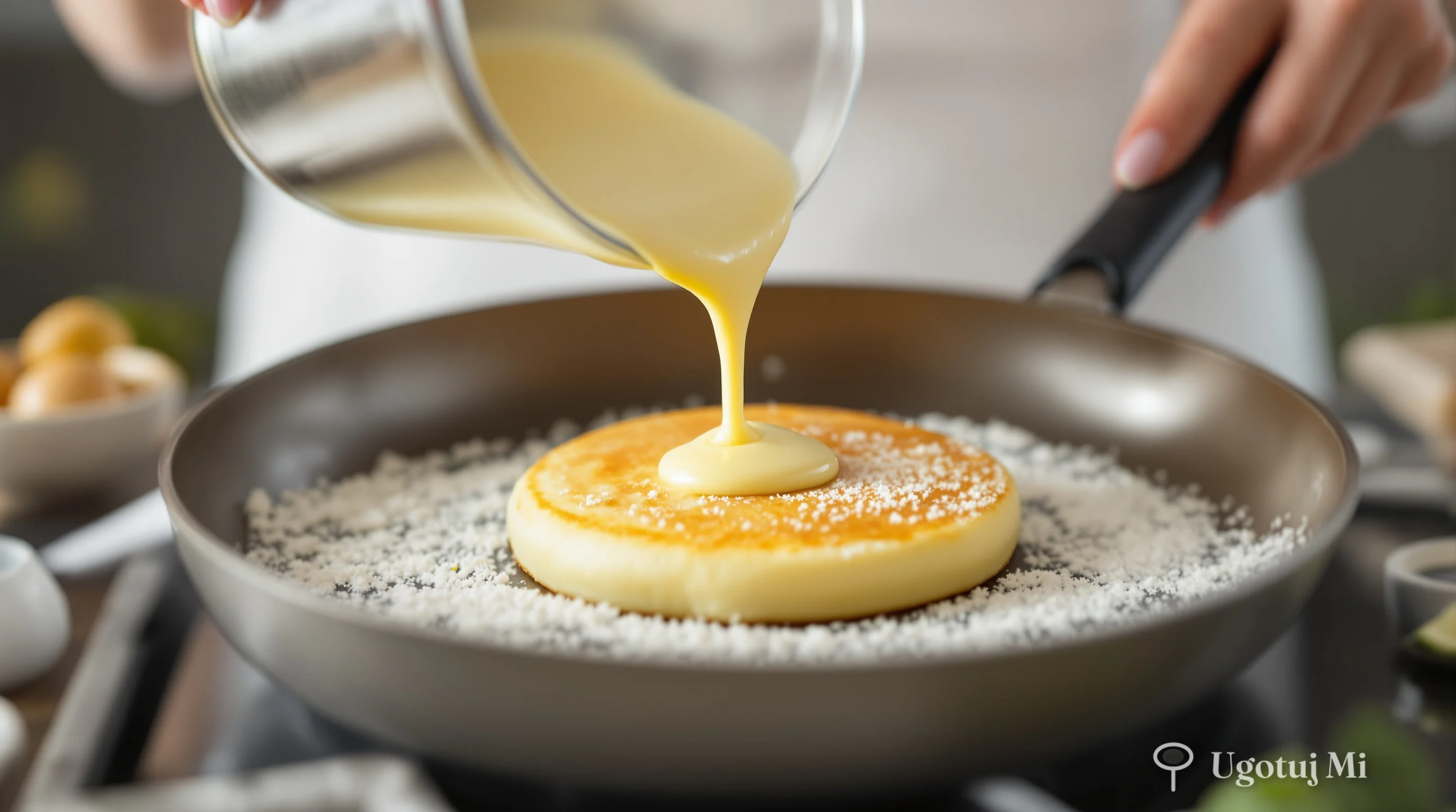 Nalewanie ciasta naleśnikowego na rozgrzaną patelnię | ugotujmi.pl