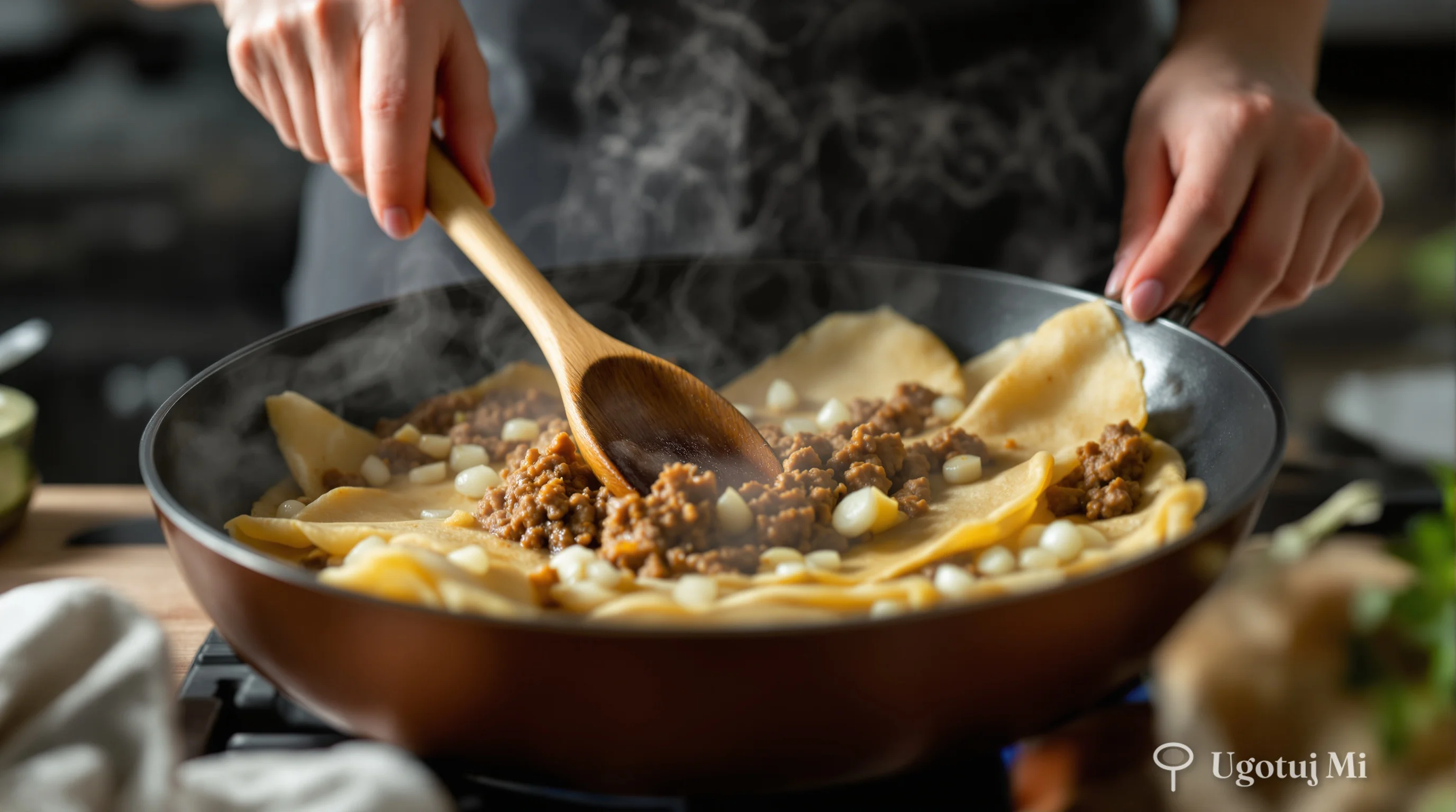 Smażenie farszu mięsnego z cebulą na patelni | ugotujmi.pl
