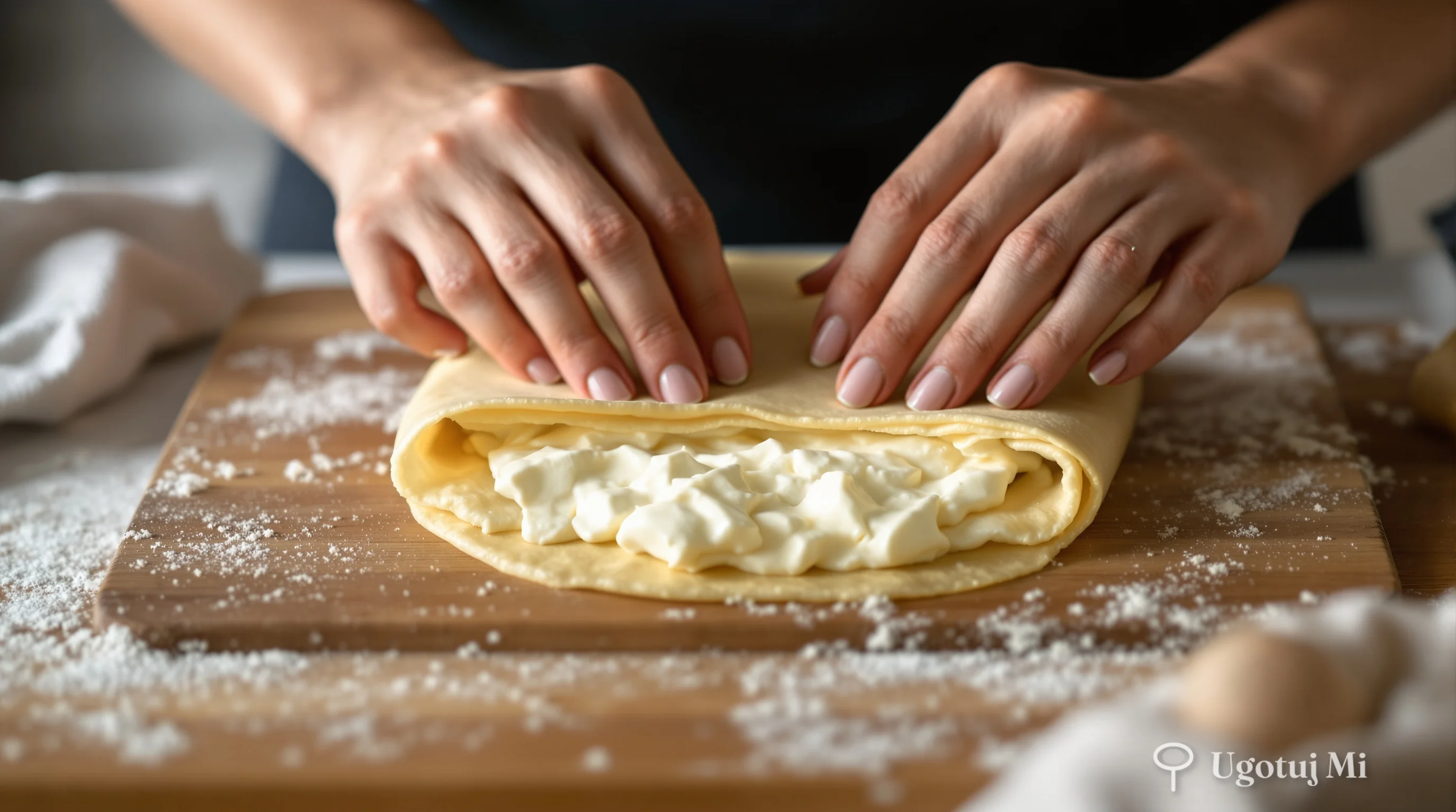Zawijanie naleśnika z kremowym nadzieniem serowym | ugotujmi.pl