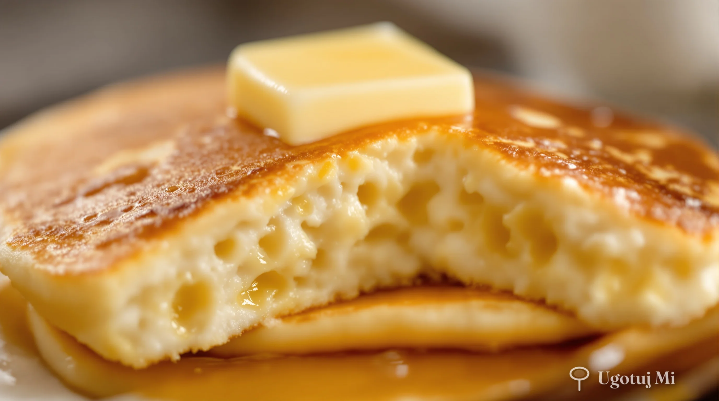 Zbliżenie na puszyste wnętrze pancake z widoczną strukturą i topiącym się masłem | ugotujmi.pl