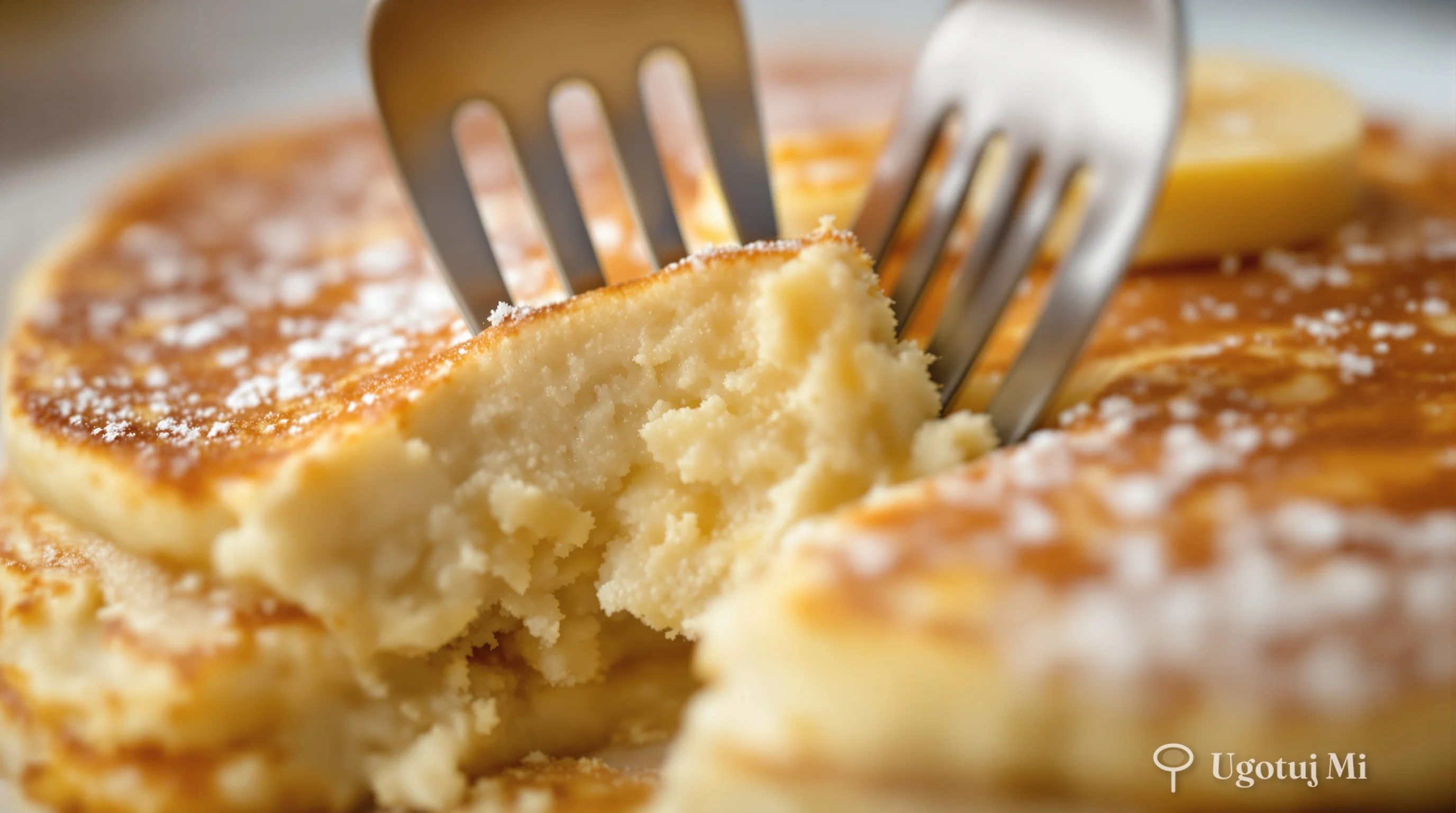 Zbliżenie na puszyste wnętrze pancakes z kawałkami banana | ugotujmi.pl