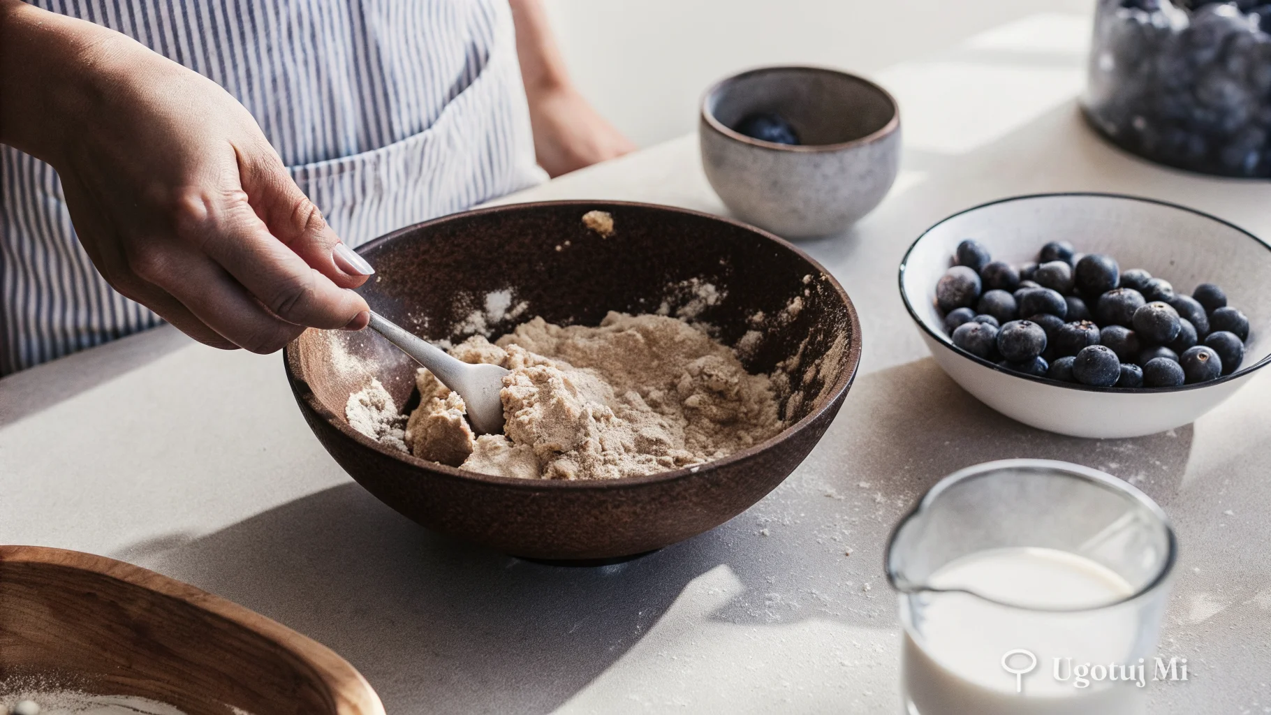 Mieszanie ciasta owsianego z jagodami w misce | ugotujmi.pl