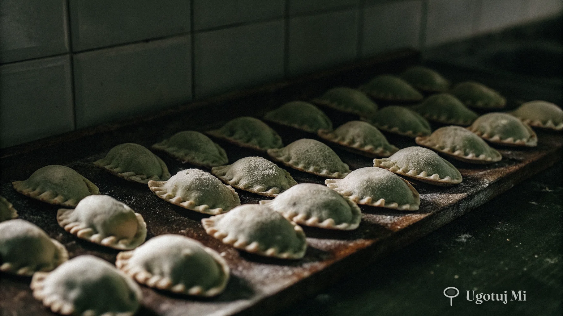 Surowe pierogi ułożone na oprószonej mąką desce przed gotowaniem | ugotujmi.pl