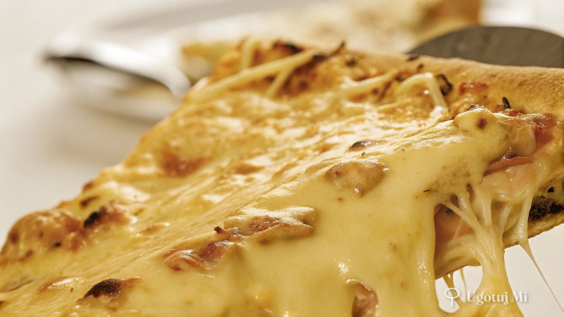 Zbliżenie na kawałek pizzy Capricciosa z ciągnącym się serem | ugotujmi.pl