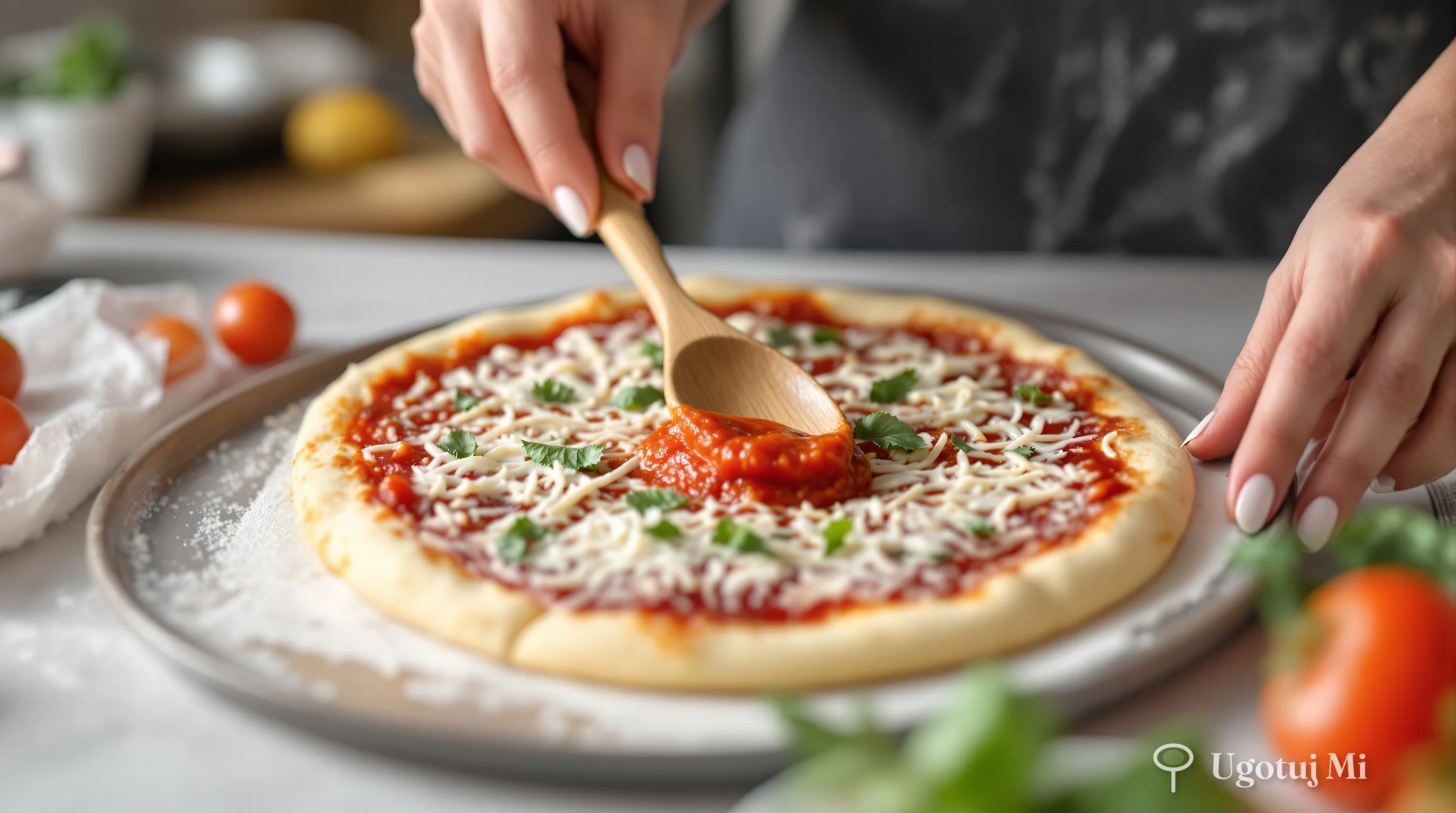 Rozprowadzanie sosu pomidorowego na spodzie pizzy | ugotujmi.pl