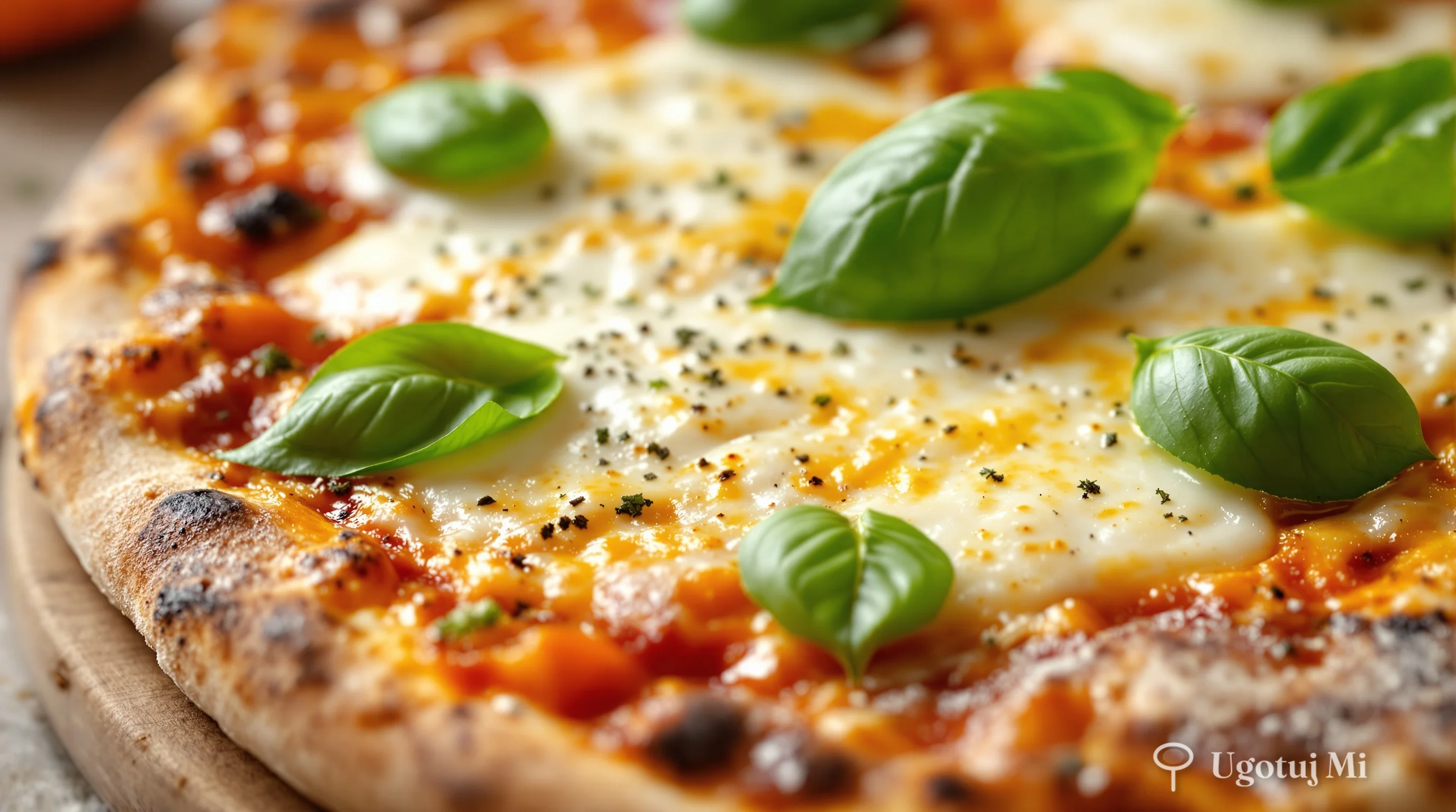 Zbliżenie na rozpuszczony ser z listkami bazylii na pizzy | ugotujmi.pl