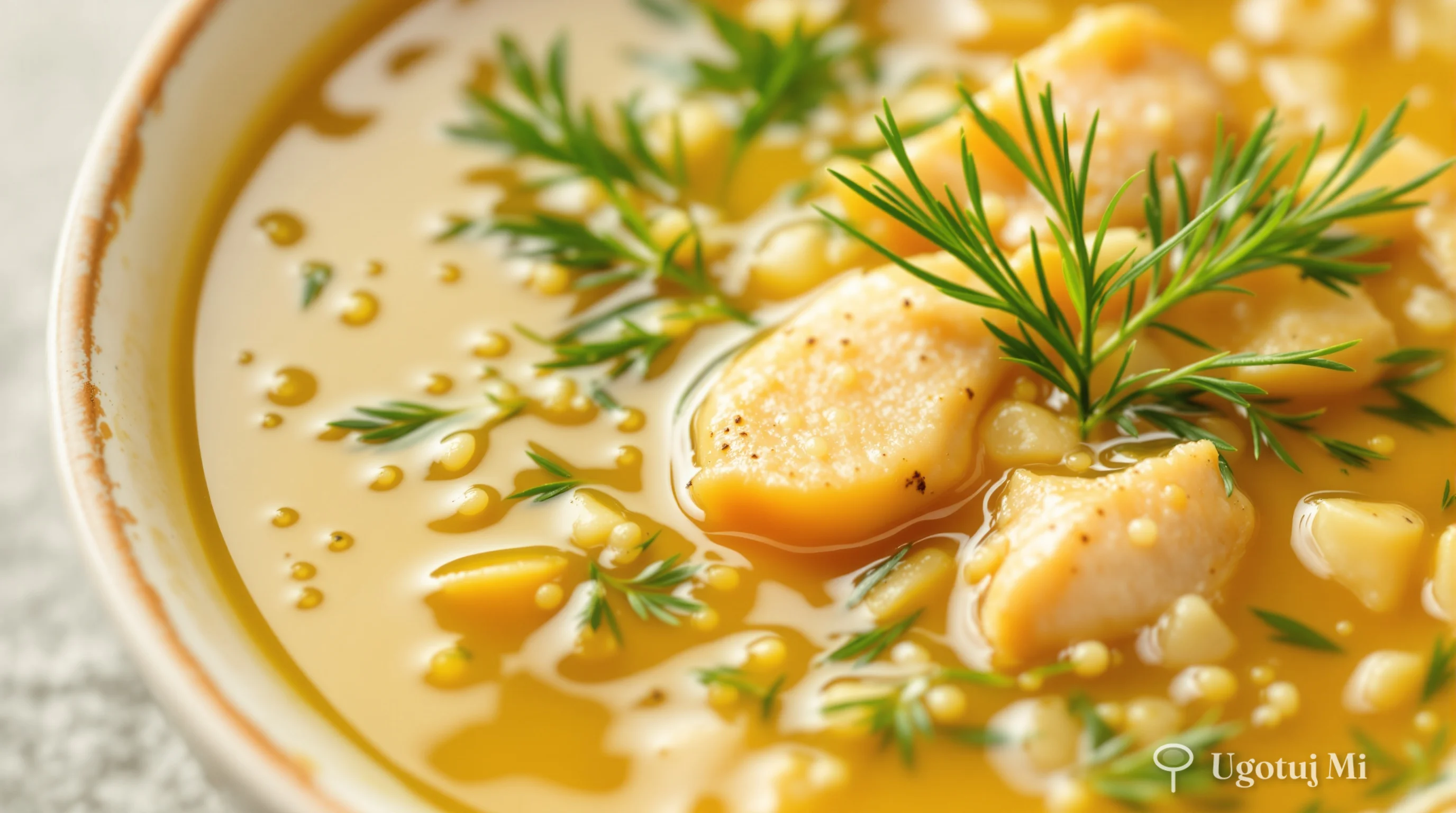 Zbliżenie na złocisty bulion z koprem | ugotujmi.pl