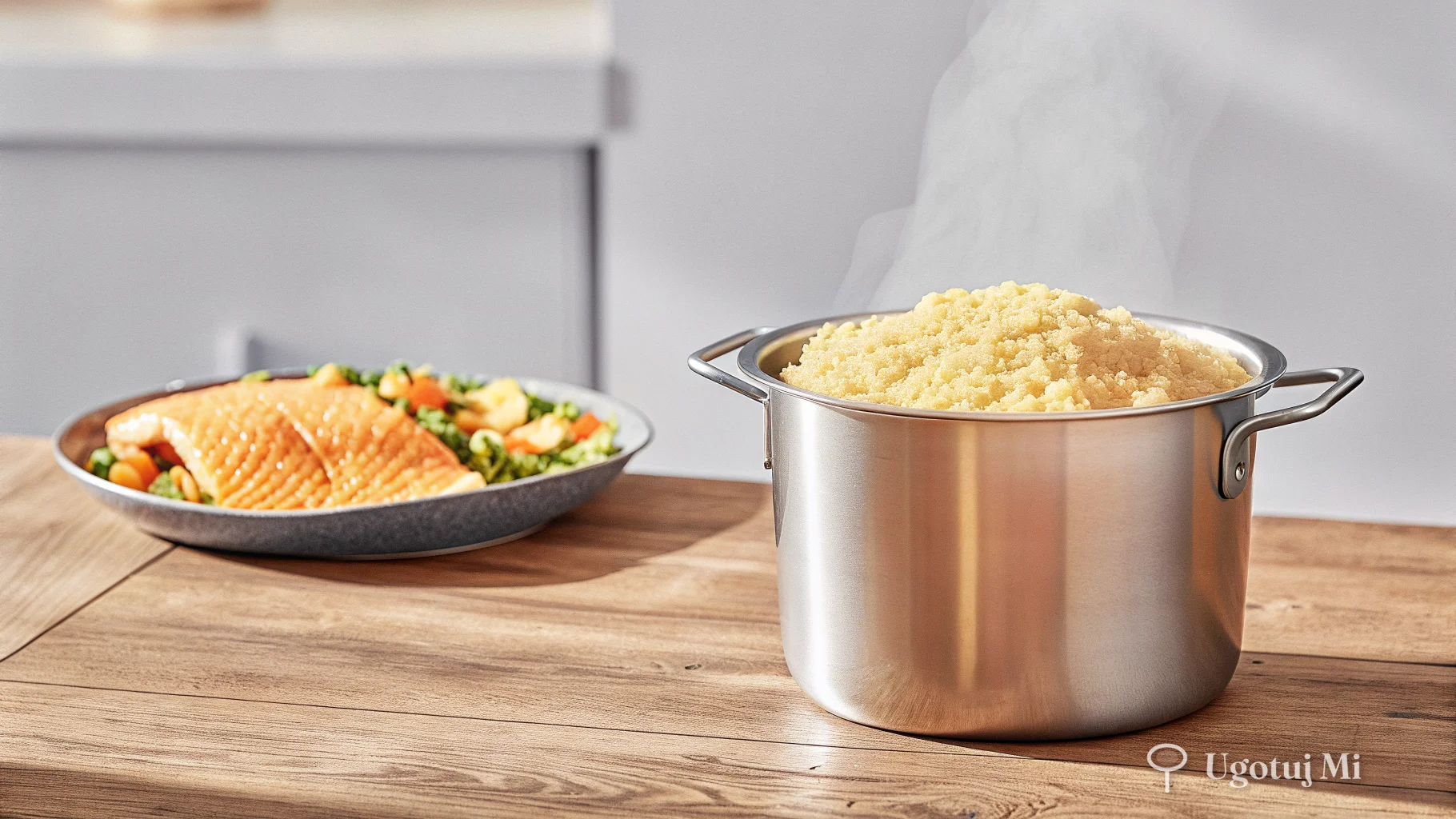 Ugotowana quinoa w garnku i miska z warzywami podczas składania sałatki | ugotujmi.pl