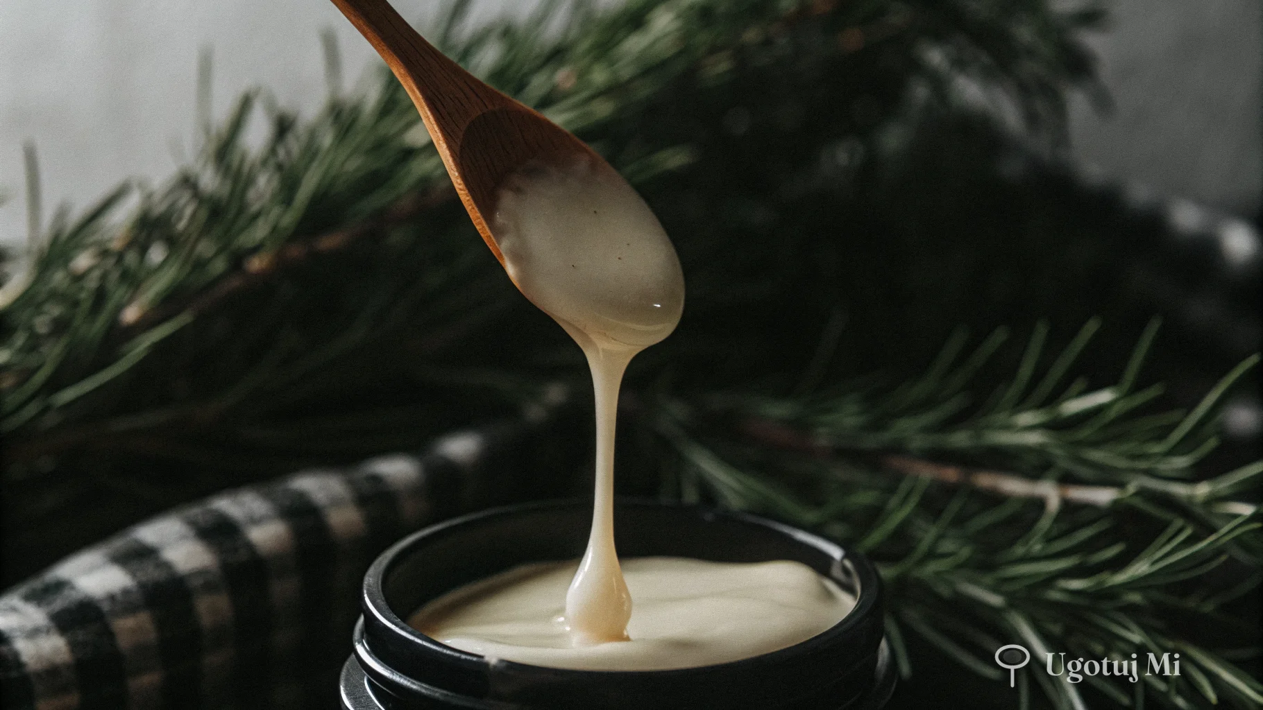 Zbliżenie na kremową teksturę sosu czosnkowego spływającego z łyżki | ugotujmi.pl