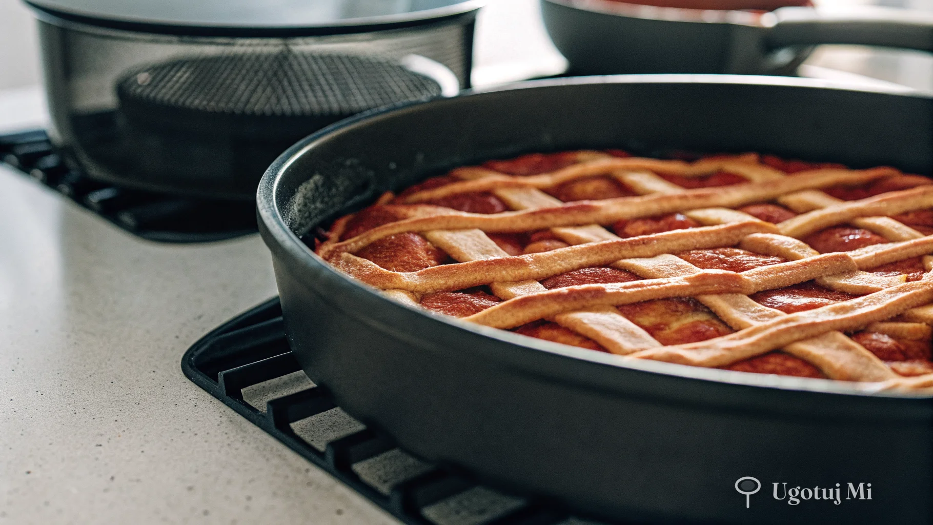 Zbliżenie na kraciaste ciasto szarlotki ze złocistą powierzchnią | ugotujmi.pl