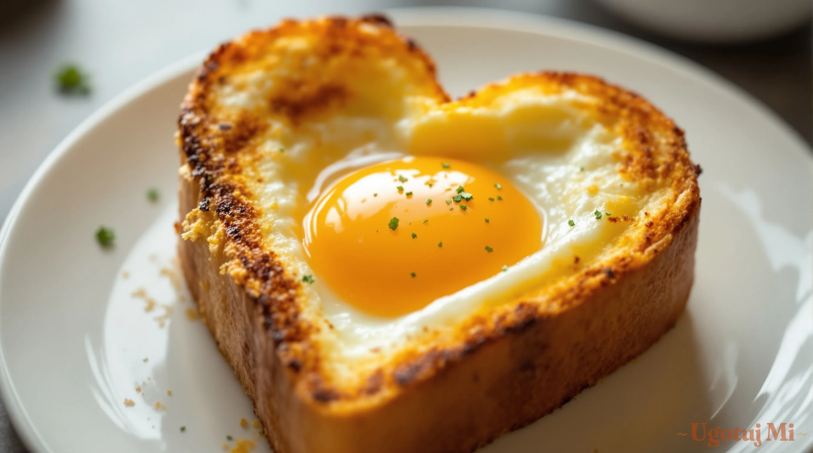 Zbliżenie na żółtko w toście w kształcie serca | ugotujmi.pl