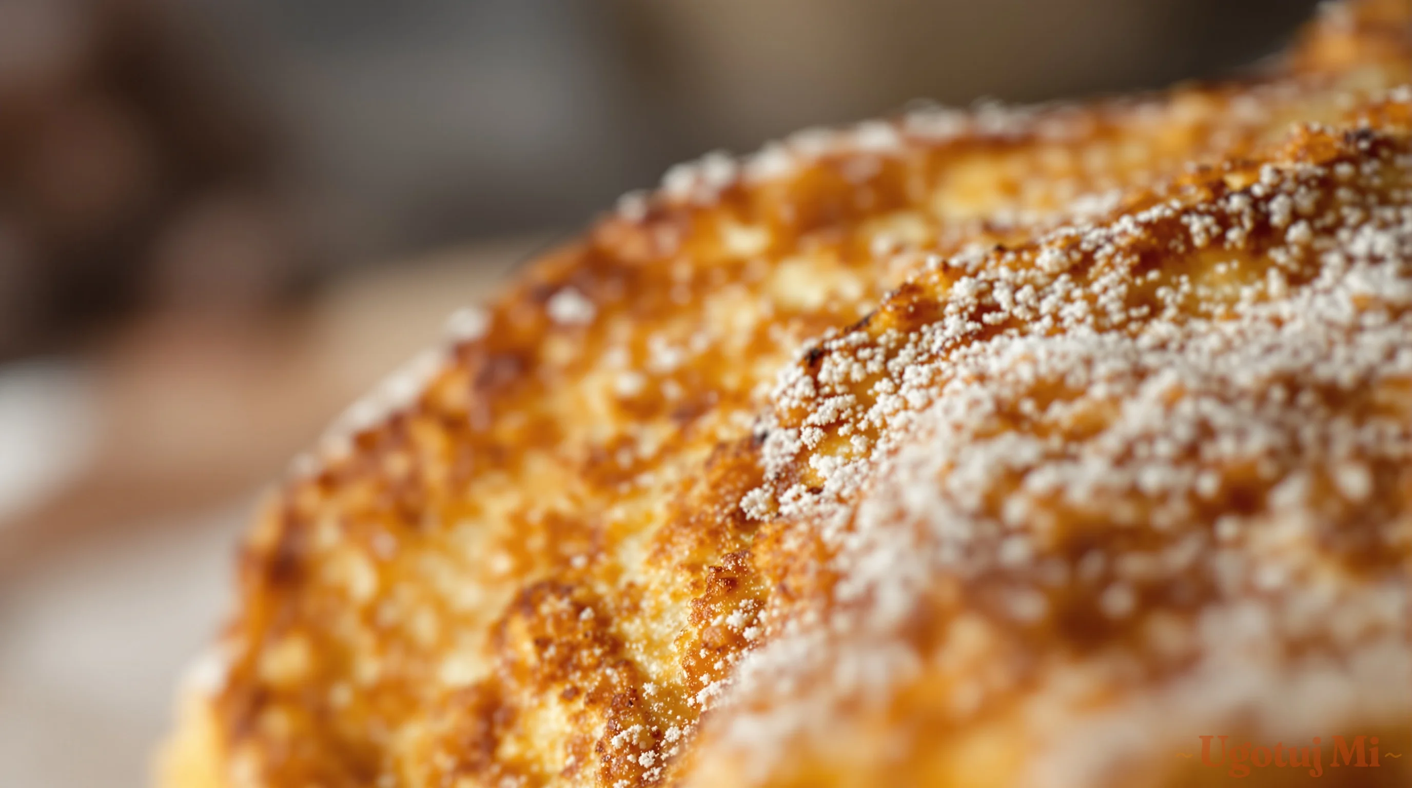 Zbliżenie na rumianą powierzchnię tostu francuskiego | ugotujmi.pl