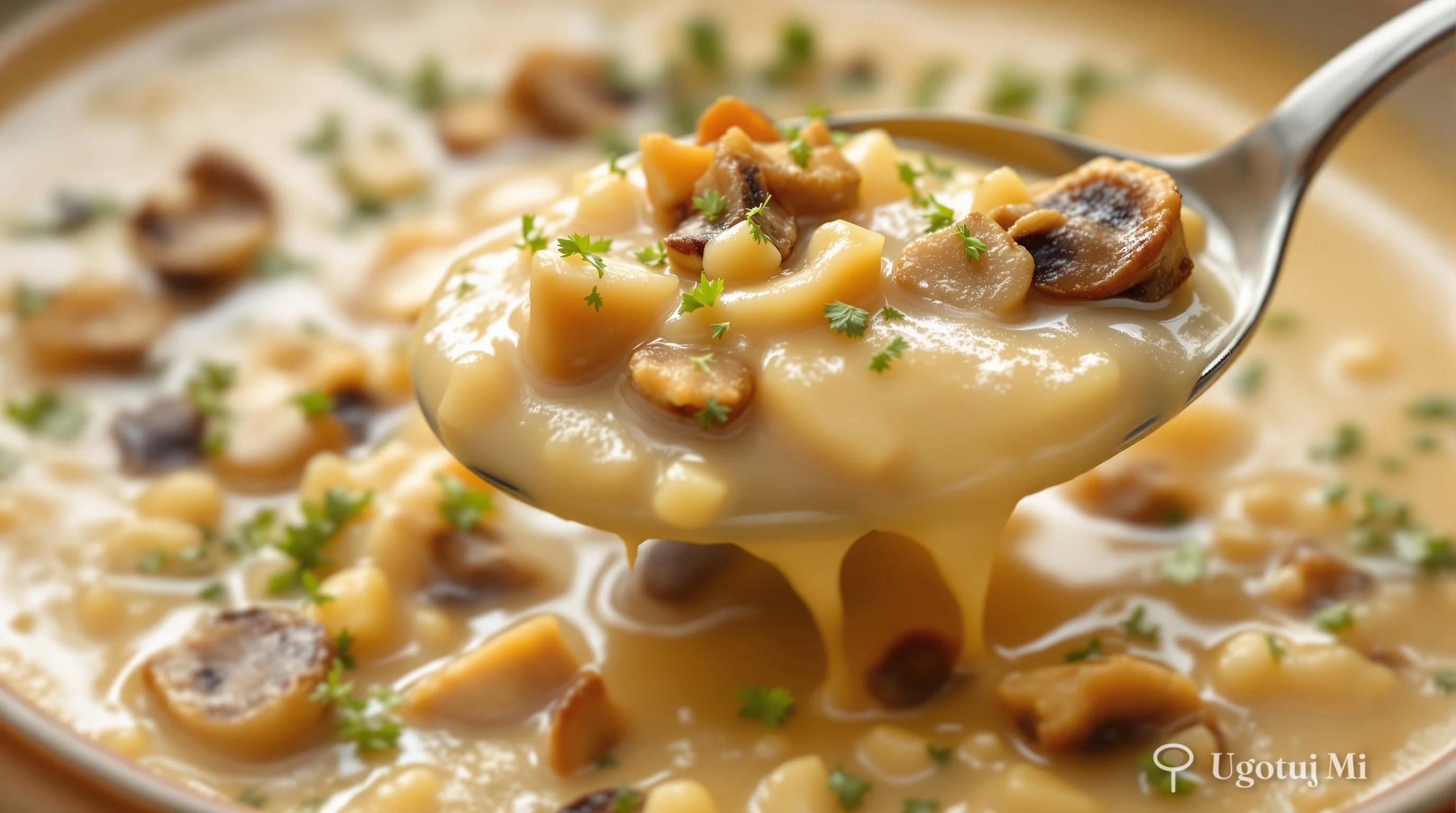 Zbliżenie na kremową teksturę żurku z kawałkami grzybów | ugotujmi.pl