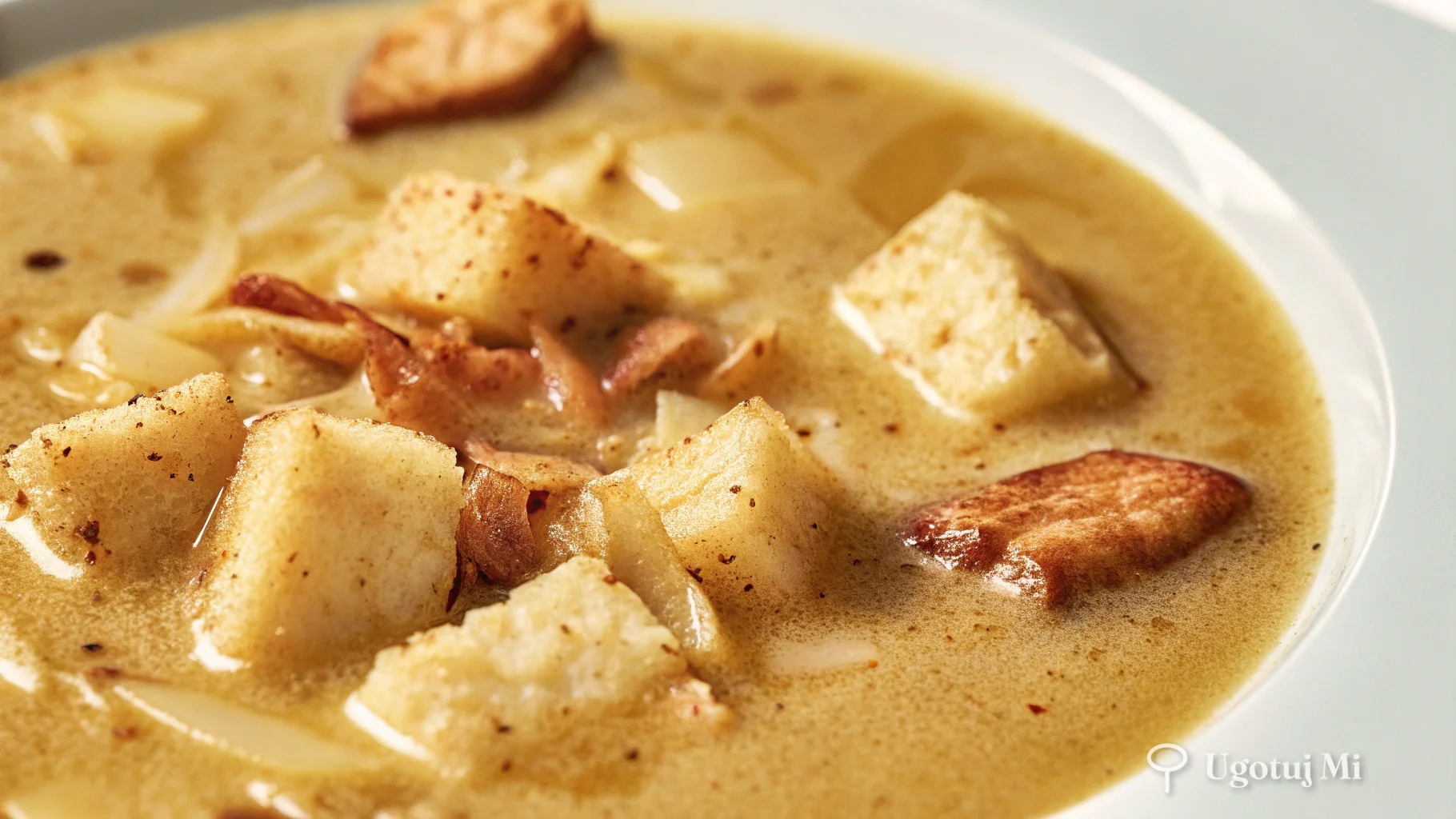 Zbliżenie na kremową konsystencję żurku z kawałkami kiełbasy | ugotujmi.pl