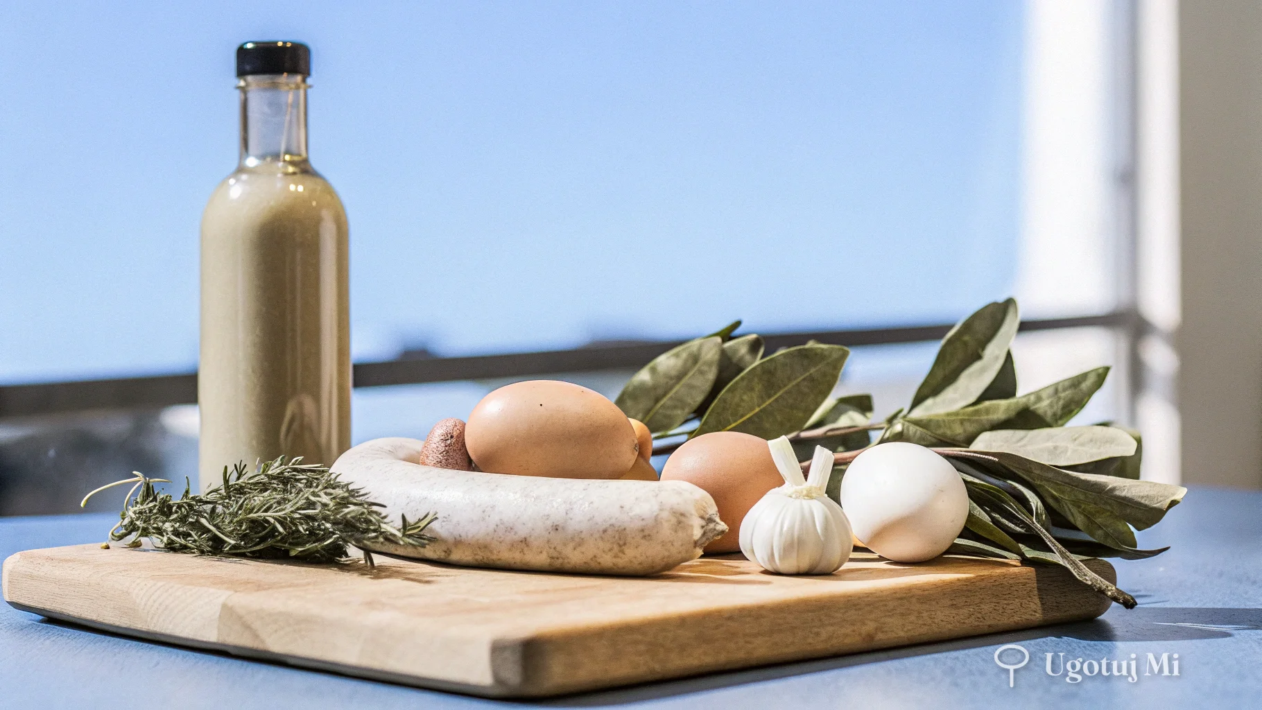 Składniki do żurku - kwas żurowy, kiełbasa, jajka i warzywa | ugotujmi.pl