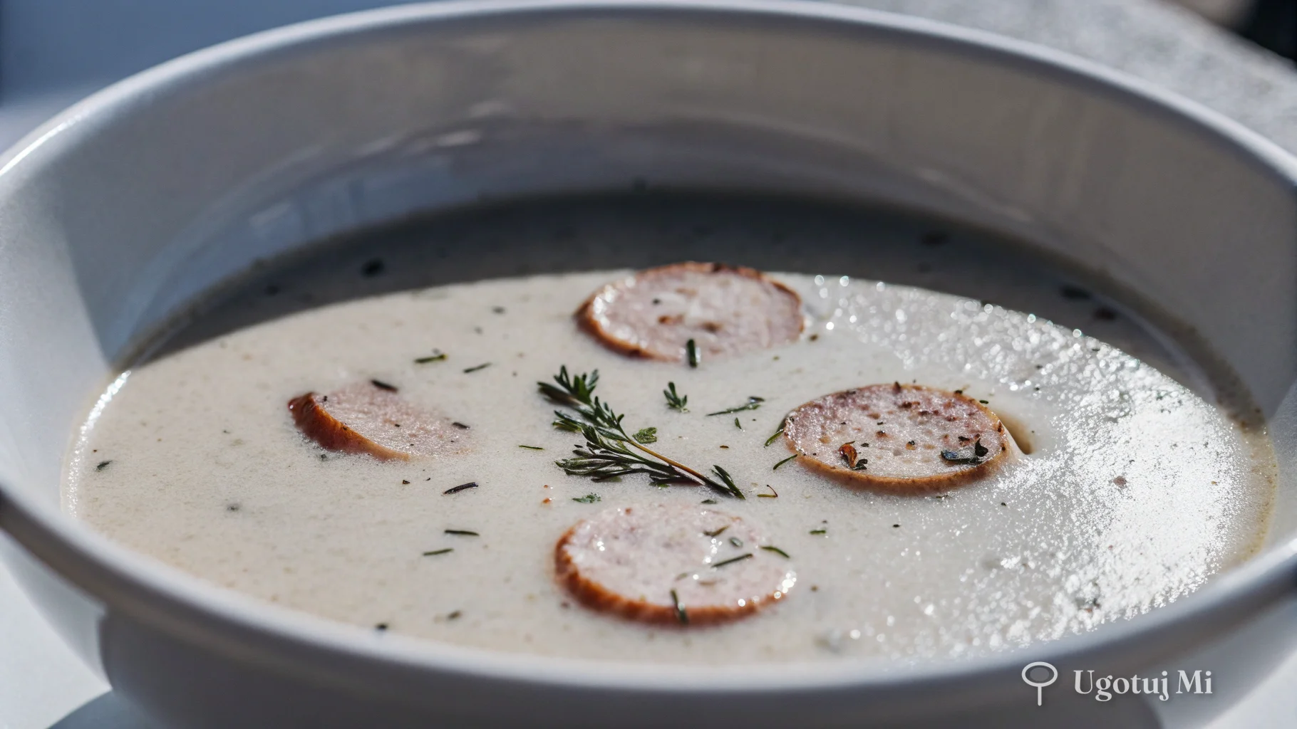 Zbliżenie na kremową teksturę żurku z kawałkami kiełbasy | ugotujmi.pl